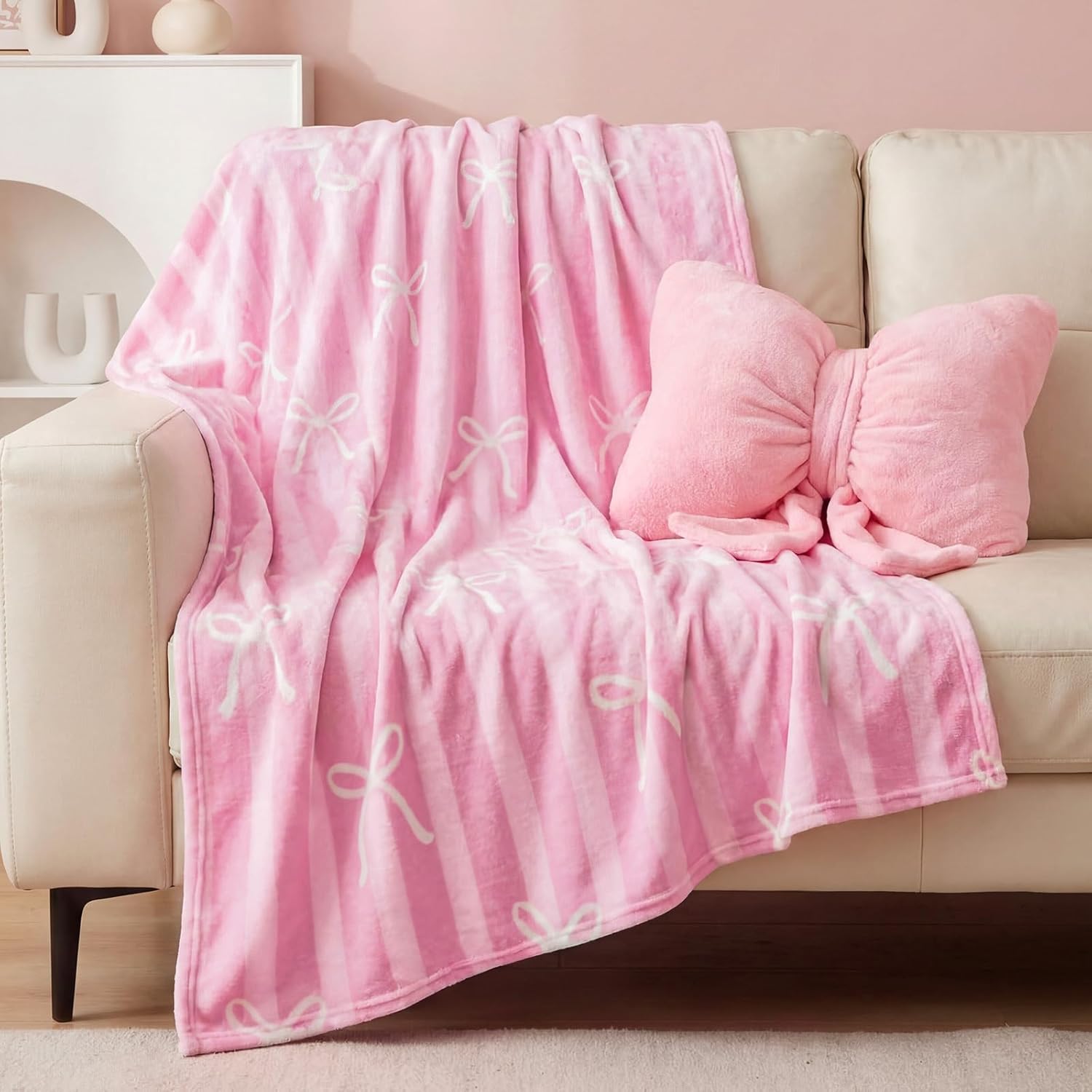 SmoothNovelty 2 Pcs Pink Bow Plush Pillow and Throw Blanket Set Include 40x50 Inch Soft Bowknot Flannel Blanket Fluffy Aesthetic Bow Stuffed Pillow Cushion Gift for Women Couch Bedroom Sofa Home Decor