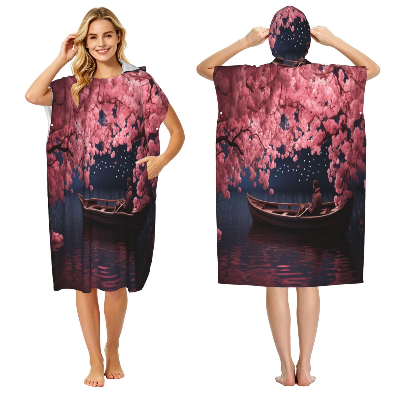 DTHKJNLSF Peach Blossom Adult Hooded Beach Poncho Towel