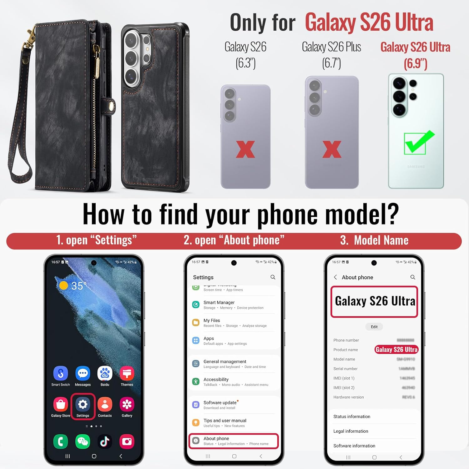 Phone Case for Samsung Galaxy S26 Ultra 5G Zipper Wallet Magnetic Detachable Cover with MagSafe Screen Protector and Flip Card Holder Cell S26Ultra 26S S 26 26Ultra SM-S948U 6.9 inch Women Men Black