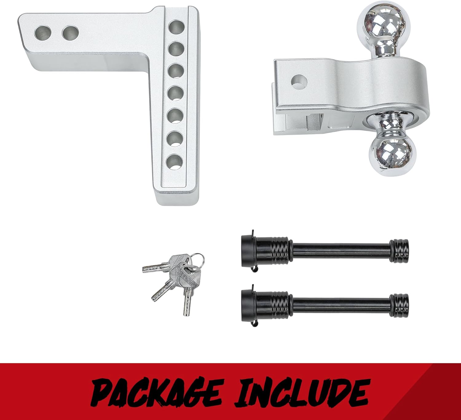 DBXB-RV Adjustable Trailer Hitch Fits 2-Inch Receiver, 6-Inch Drop/Rise, 2'' & 2-5/16'' Ball mounts, 12,500 lbs GTW, Heavy Duty Aluminum Tow Hitch, Double Anti-Theft Lock Pin. Fit Truck & SUV. Silver.