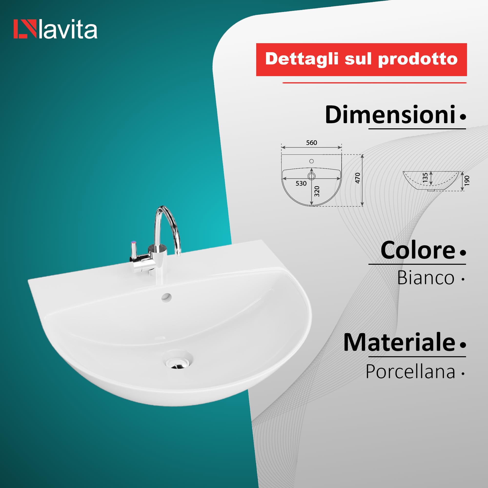 LAVITA Lavabo sospeso Corel, lavabo sospeso, lavabo rotondo, lavabo con troppopieno e foro per rubinetto, ceramica di alta qualità, bagno, 56 x 47 x 19 cm, bianco lucido