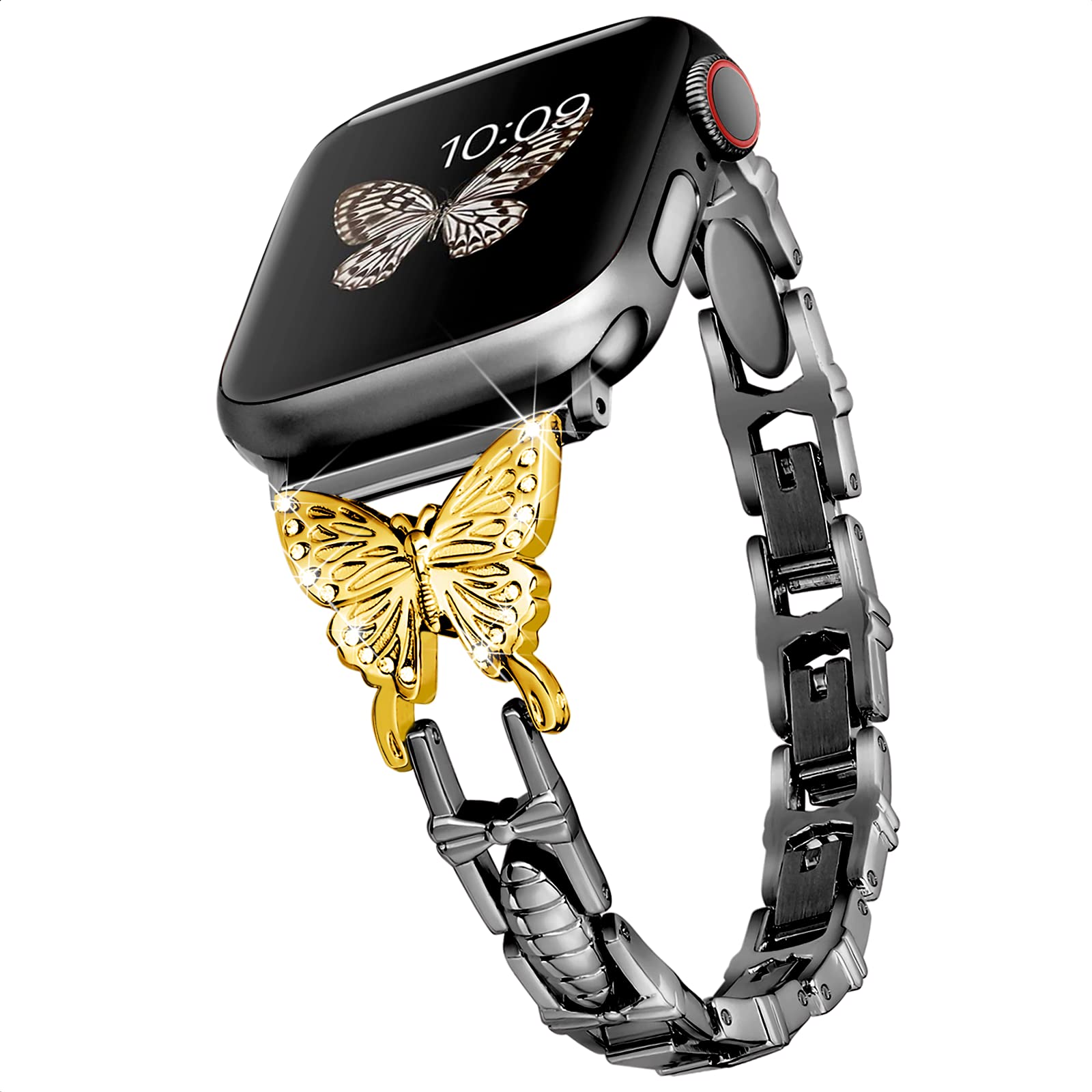 Wipalor Compatible with Apple Watch Band 42mm 44mm 45mm 49mm, Lightweight for Women, Easy Adjustable Bracelet, Shiny Diamond on Butterfly, Jewelry Metal Strap for iWatch Series 8 7 6 5 4 3 2 1 SE Ultra(Black Gold)
