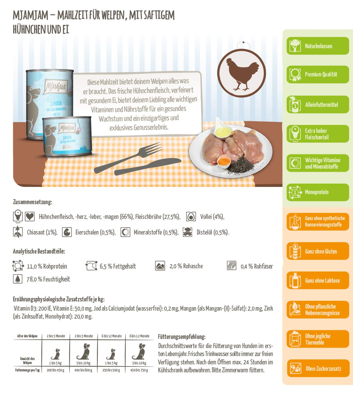 MjAMjAM - cibo umido premium per cani - Junior pollo succoso con uovo, confezione da 6 (6 x 200 g), naturale con carne extra