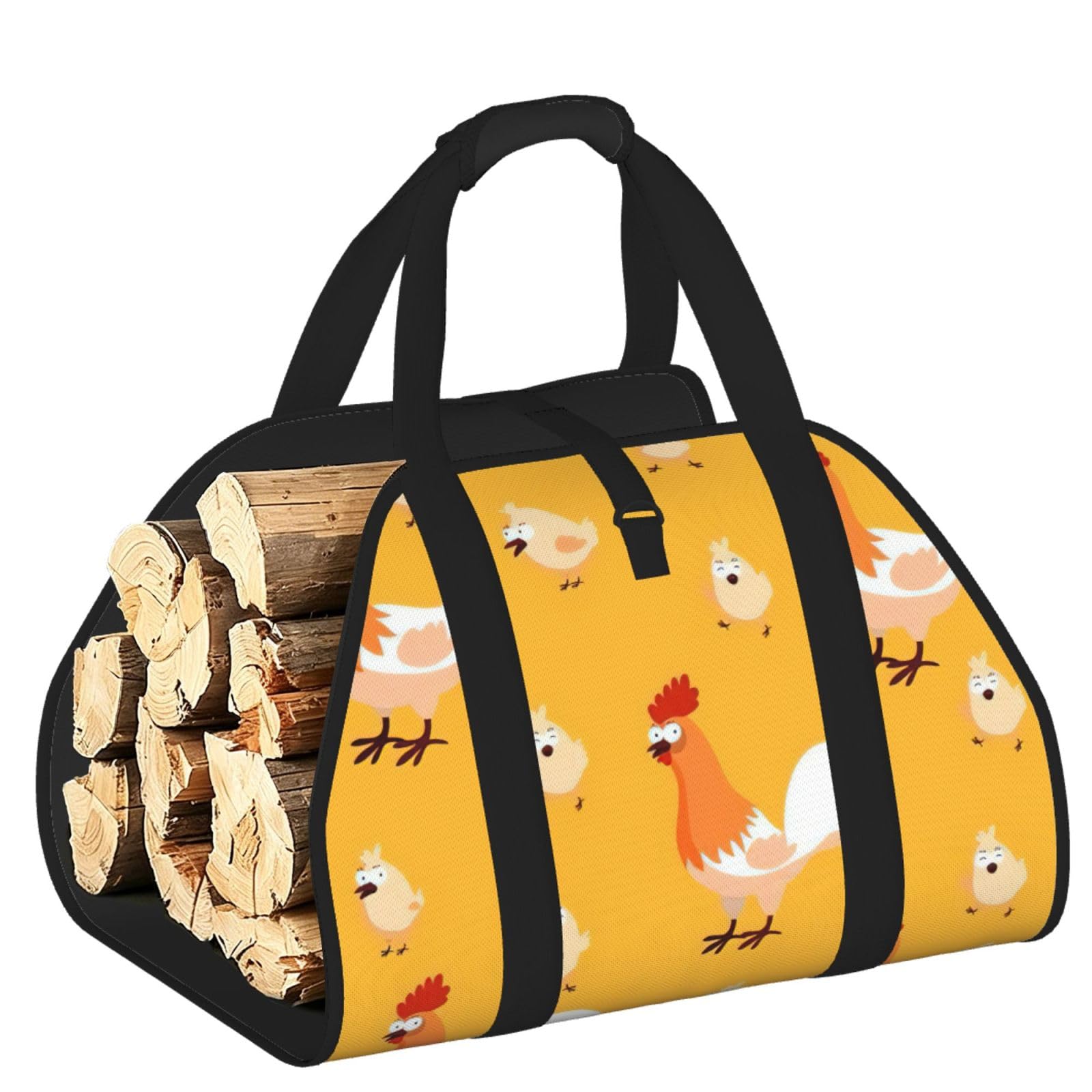 Chicken Chick Printed Firewood Carrier Bag, Log Tote with Open-Ended Design for Camping Outdoor Wood Hauling