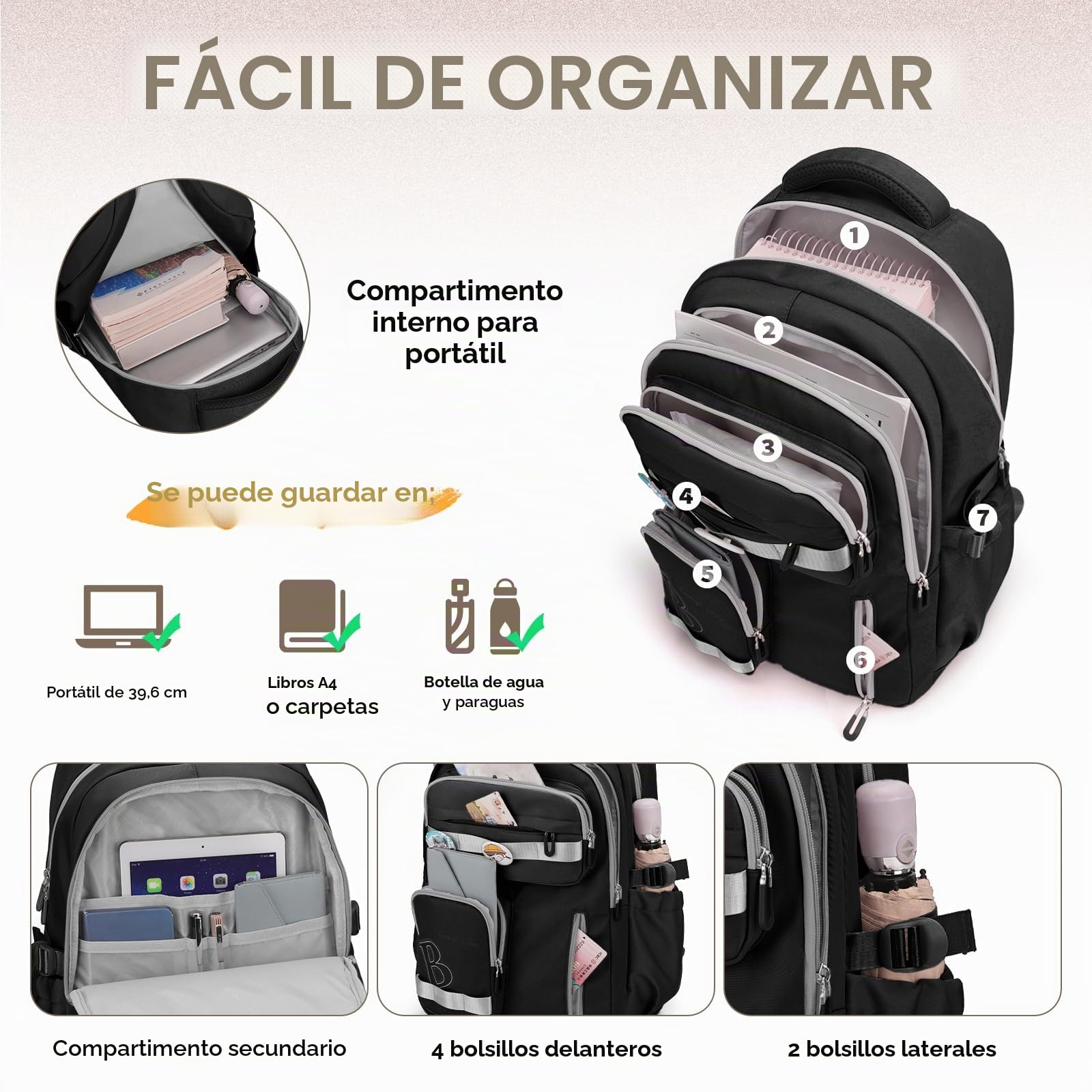 Amythe Mochilas Escolares Adolescentes, Mochila Instituto Chica con Muchos Compartimentos, 30L Mochila Colegio ESO per Niñas 10 a 16 años, Mochilas Tipo Casual Juveniles, Negro