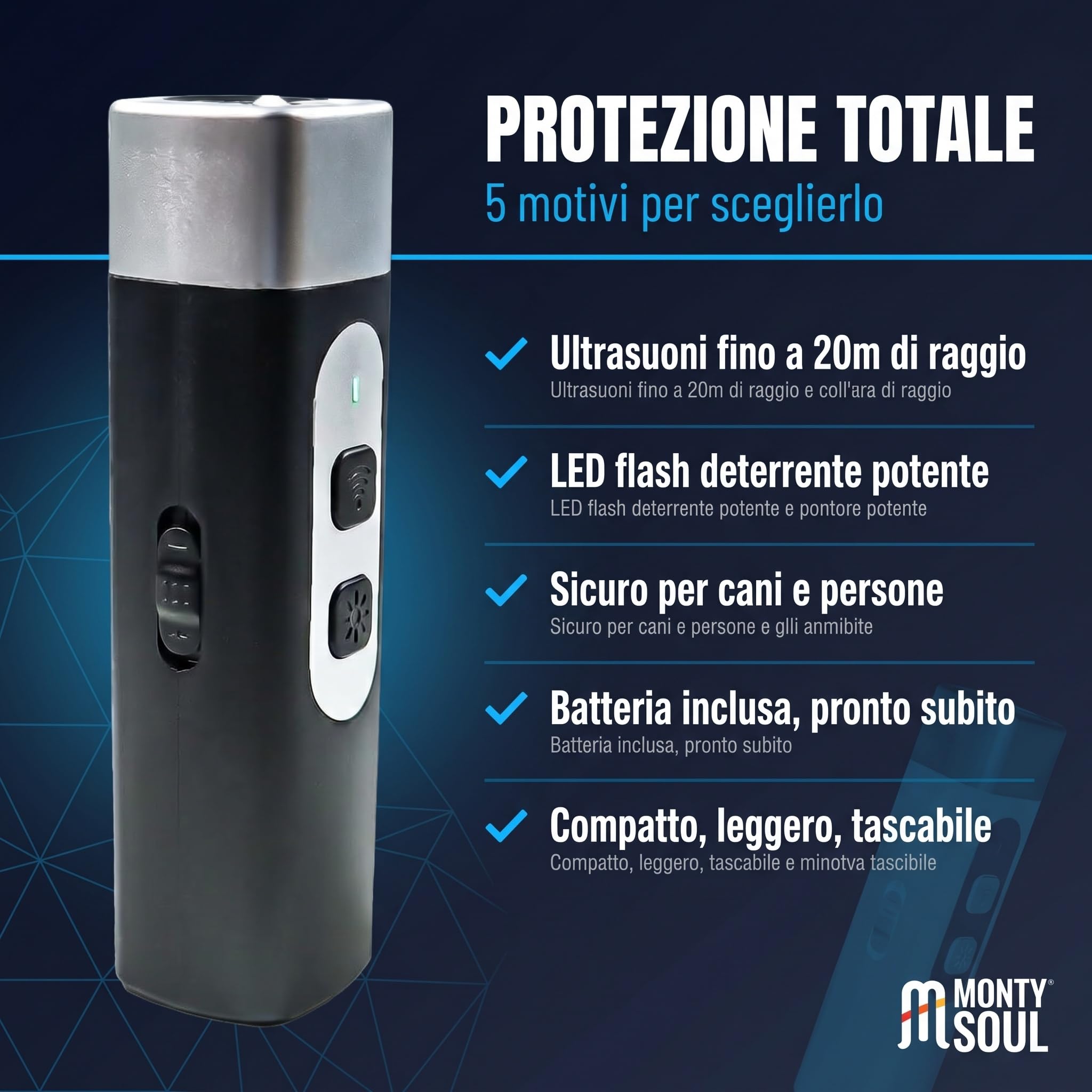 Dispositivo di Protezione da Attacchi di Cani con Ultrasuoni Potenti e LED Flash, Raggio 20m, Batteria Inclusa