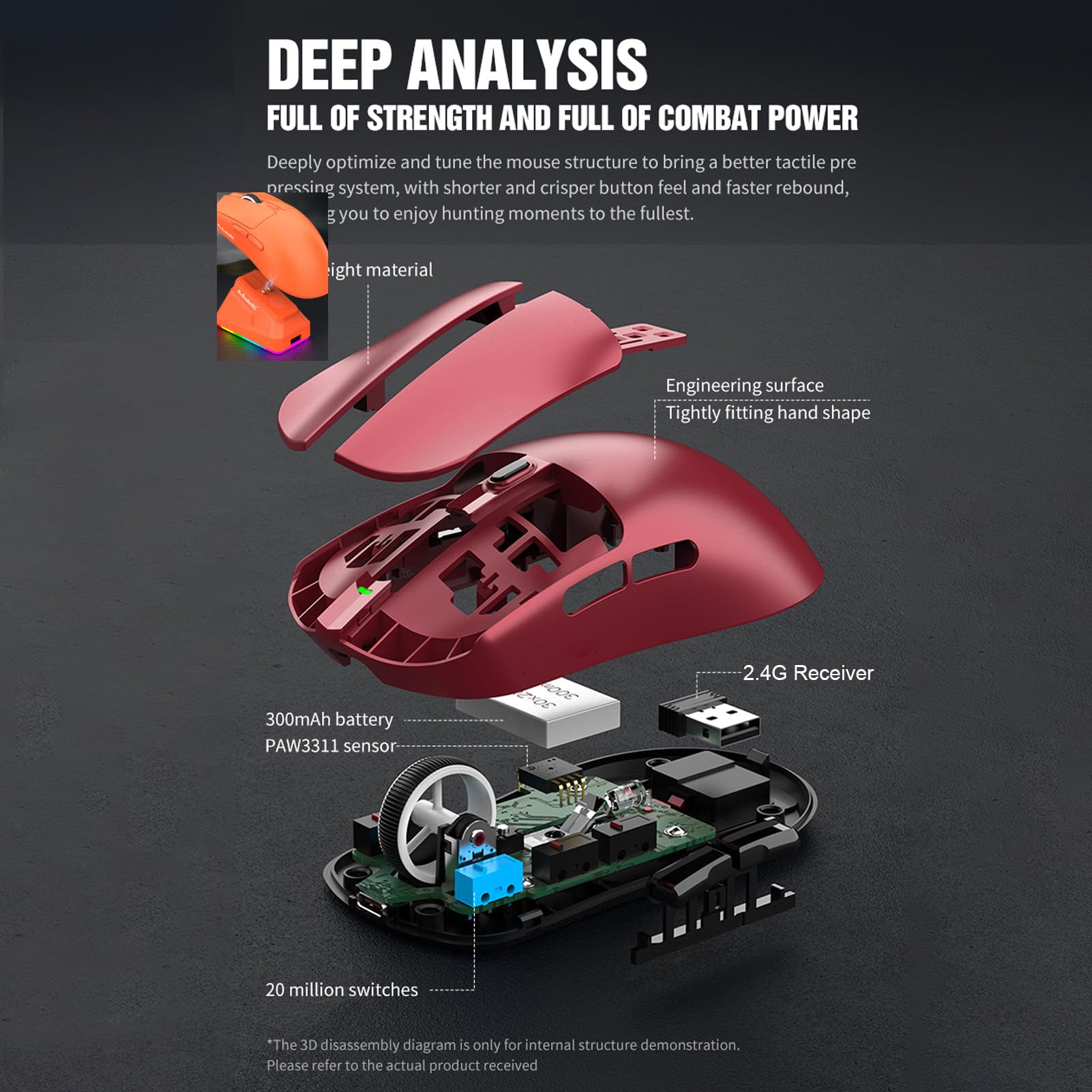 Tosuny Mouse da Gioco Wireless, Mouse da Gioco Tri-mode 2.4G/USB/Bluetooth con Base di Ricarica RGB, 800-12000 DPI, 7 Pulsanti Programmabili, Mouse Ricaricabile per PC Portatile (rosso)