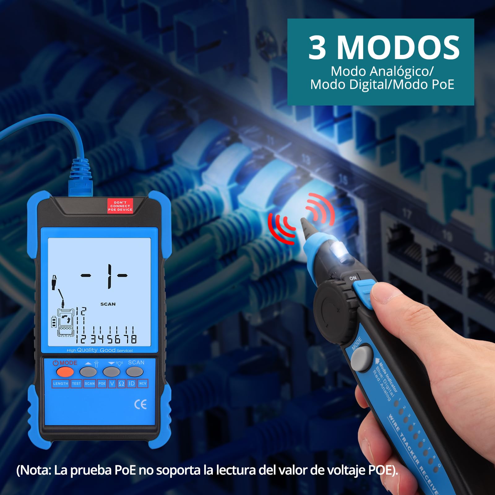 Probador de Cable con POE, Cableado Digital y Analógico, Multifunción Probador de Cable de Red NVC,Buscador de Líneas Cable CAT5 CAT5e CAT6 Cat7 Cat8 para Tensión de la Batería