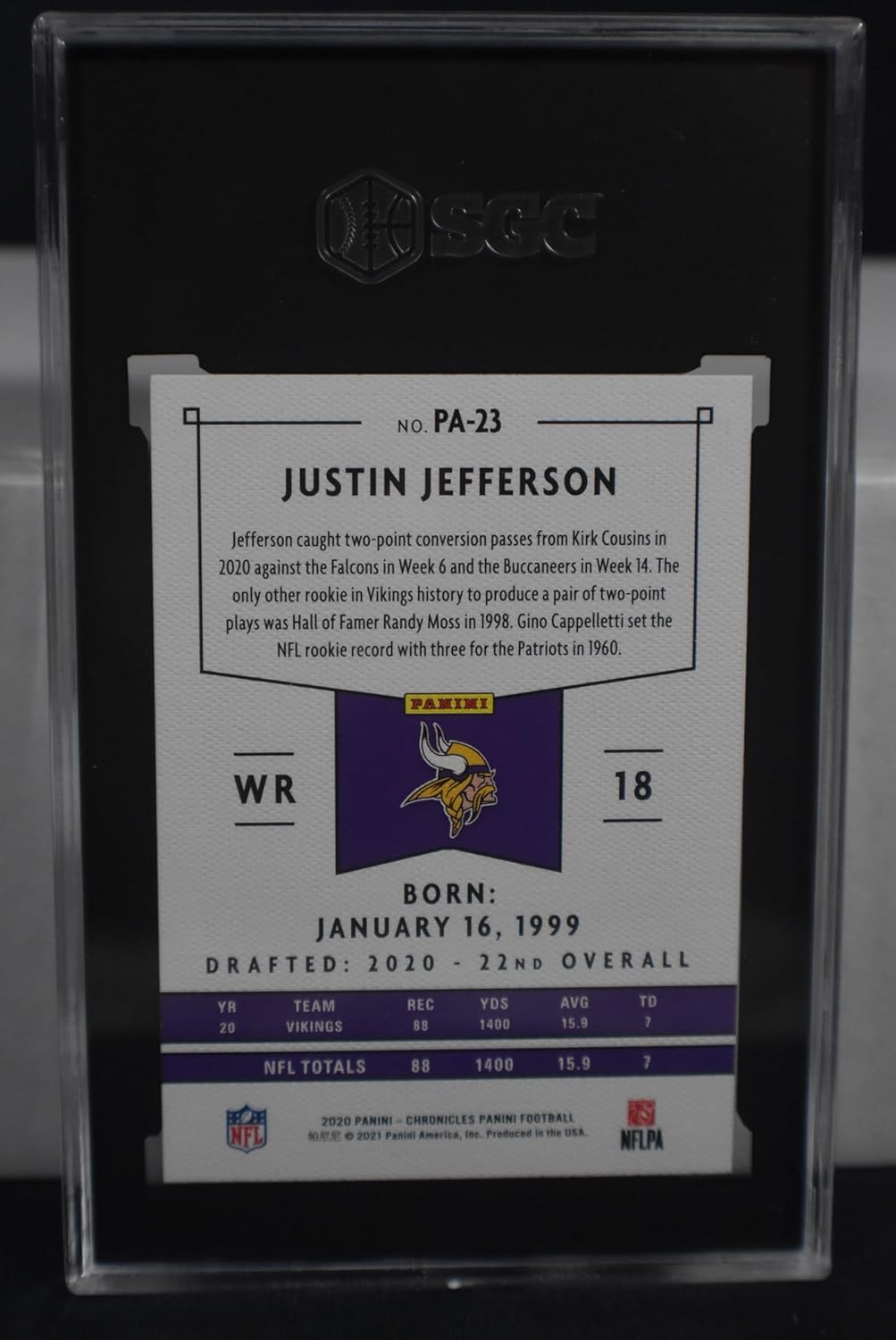 JUSTIN JEFFERSON 2020 Panini Chronicles Panini #PA-23 PINK PARALLEL Rookie Card RC SGC Graded Mint+ 9.5! Football LSU Tigers Minnesota Vikings