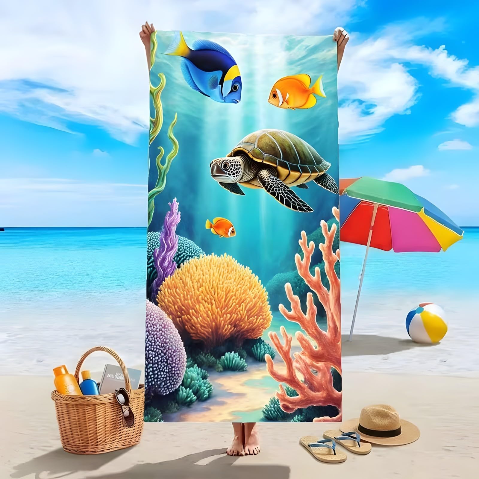 YZQGLHP Turtle Microfibre Beach Towel Fish Beach Bath Towel Quick Drying, Lightweight, Sand-Free, Durable, for Pool, Gym, Camping, Travel Towel 90x160cm