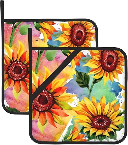 Juego de 2 soportes para ollas de girasoles coloridos resistentes al calor y antideslizantes, almohadillas calientes para horno de fuego estilo