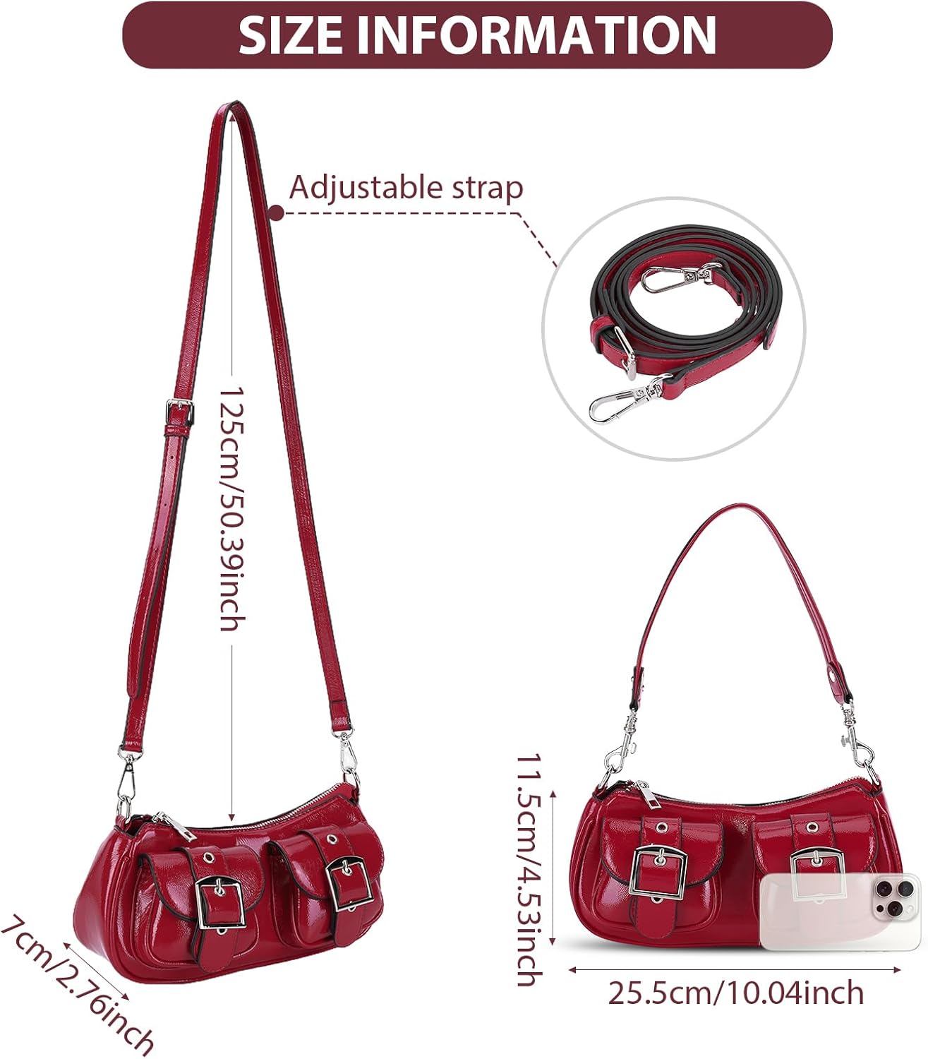 hibear Y2K Purse for Women,Burgundy Purse Cute Red Tote Crossbody Handbag Double Pocket Faux Leather Hobo Bag for Work - Image 5