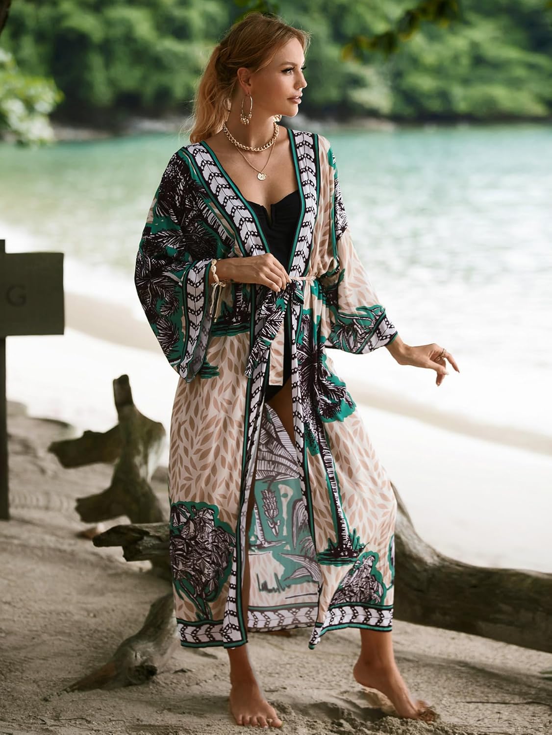 Women’s Kimono Cover Up Long Beach Dress Swimsuit Cover Ups Colorful Cardigan Lightweight Robe for Swimwear - Image 4