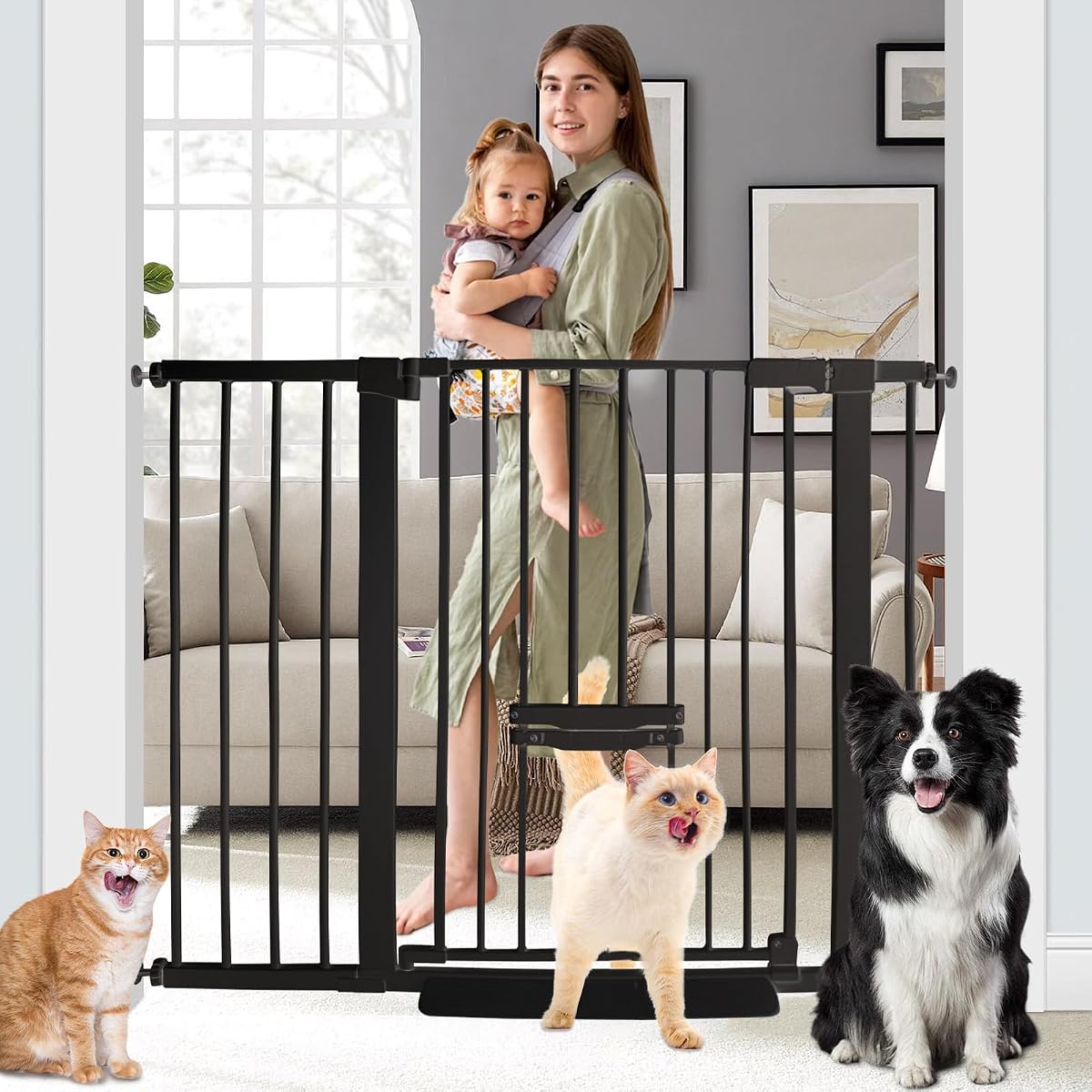 SHYUJAJIE Puerta para bebés de 37 pulgadas de alto con puerta pequeña para gatos | Puerta para perros ajustable de 29,55 "-46,06" de ancho, con cierre automático, puerta para mascotas fácil de caminar para escaleras, puerta, casa, montada a presión