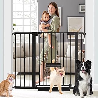 SHYUJAJIE 37 Inch Tall Baby Gate with Cat Door, Adjustable 29.55" and -46.06",Auto Close Pet Gate Easy Walk Thru Pet Door for Stairs, Doorway, House, Pressure Mounted Safety Child Gates
