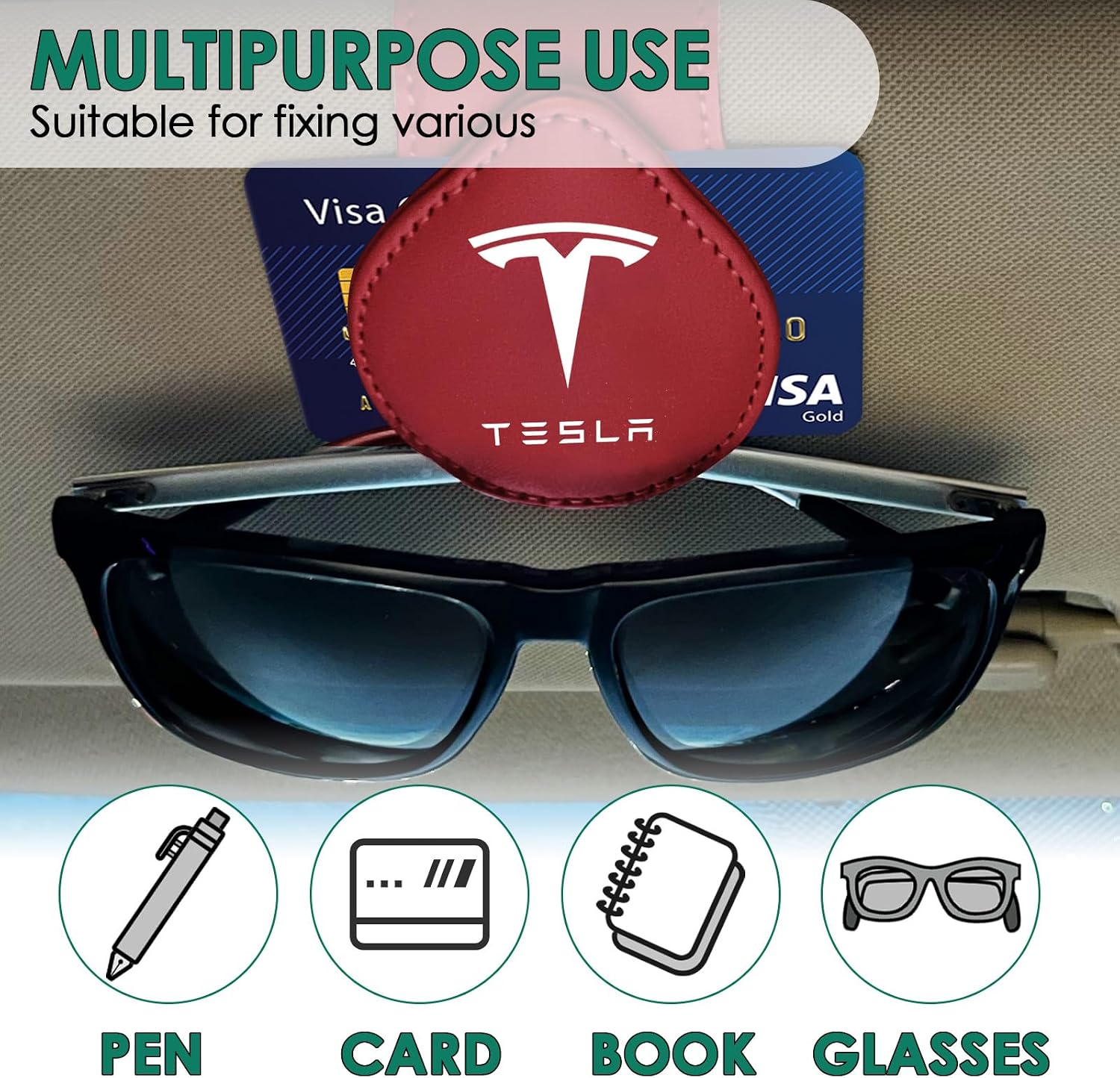 Sunglasses Holder Compatible with Tesla Model Y 3 X S Cybertruck Leather Magnetic Glasses Mount Holder Eyeglasses Sunglasses Clip Visor Sunglass Holder Accessories Gifts for Owners (Red)