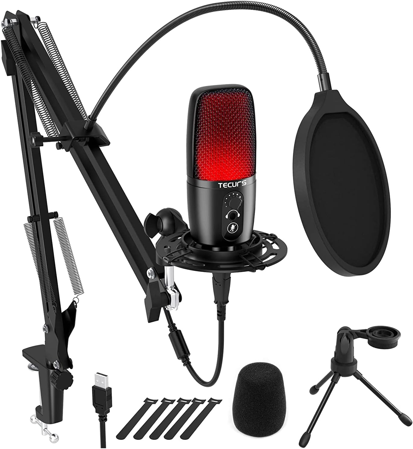 TECURS PC Microphone with Arm USB Condenser Microphone with Shock Mount for Recording, Podcast Studio, YouTube, Streaming Gaming Cardioid Microphone with Bridge Crane for PC Laptop Mac PS4