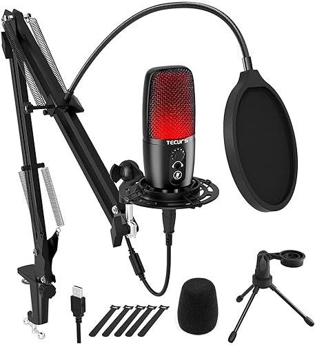 TECURS Condenser USB Microphone, PC Microphone Kit with Adjustable Boom Arm, Gaming Mic for Recording Podcasting Streaming YouTube Chatting