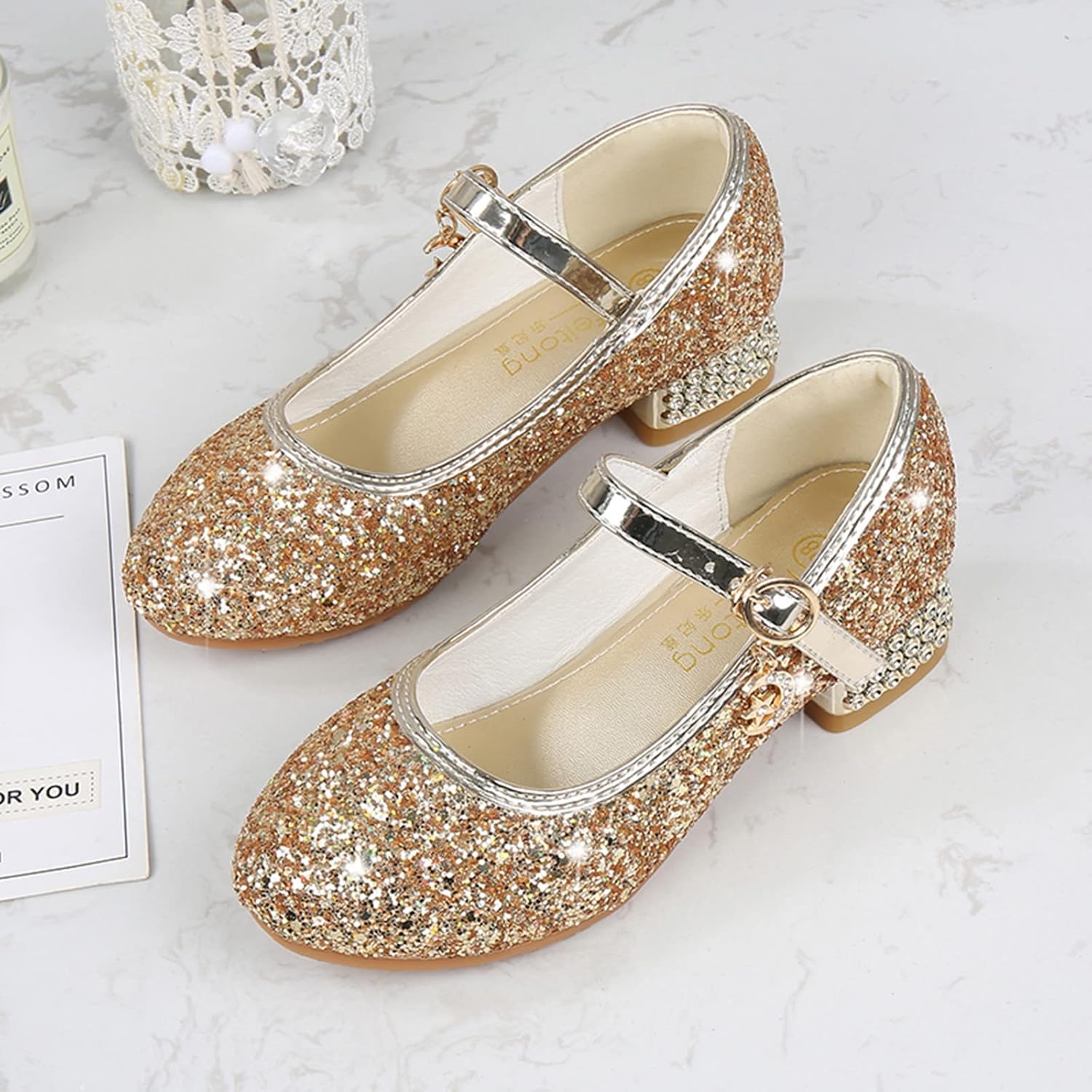 Girls Princess Heeled Shoes Glitter Rhinestone Bow Pearl Adjustable Strap Sandals Kids Low Heel Party Shoes (Gold-9, 11.5 Little Kid)