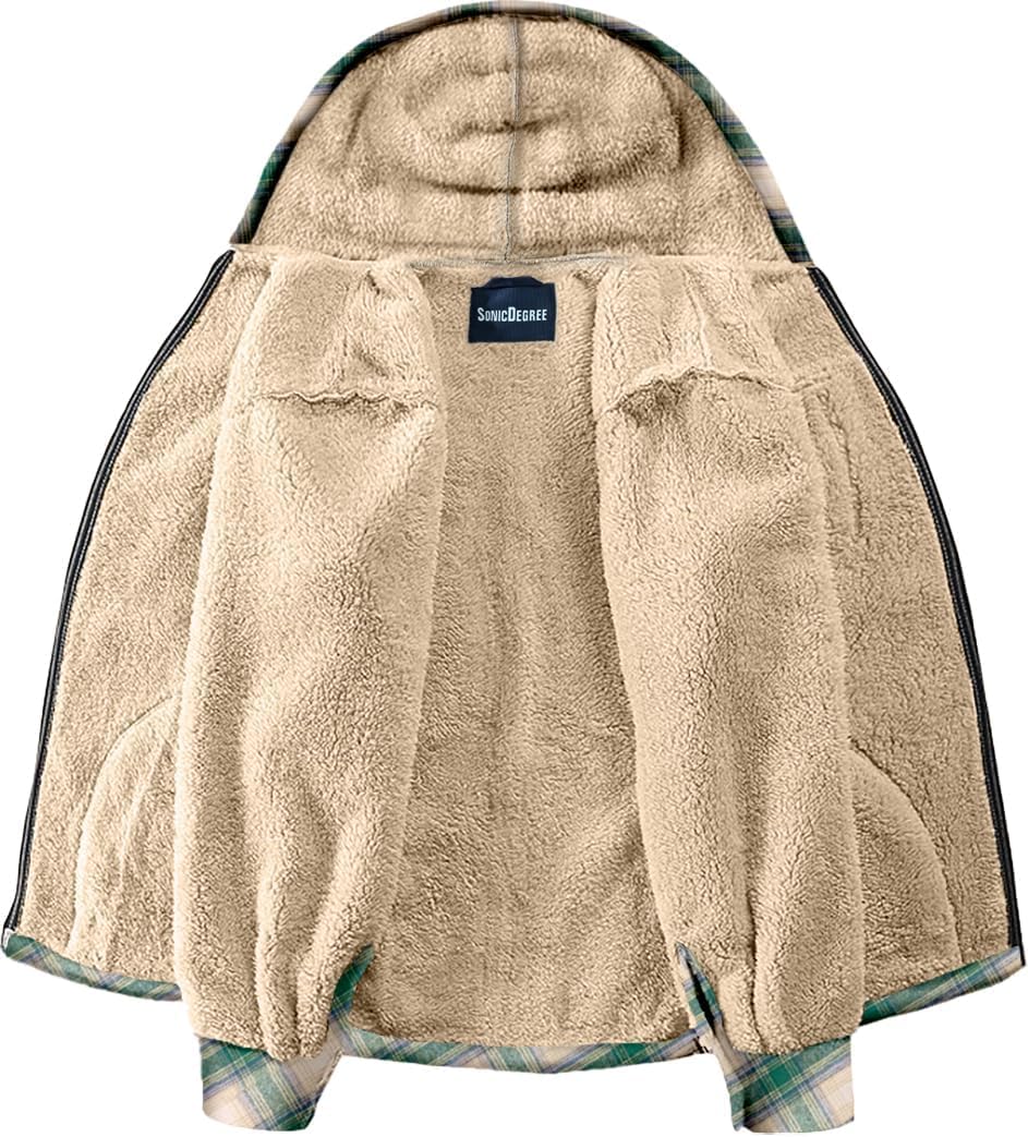 Big and Tall Flannel Jacket for Men Plaid Fleece Hoodie Zip Up Sherpa Lined Winter Coat, 6XL Green