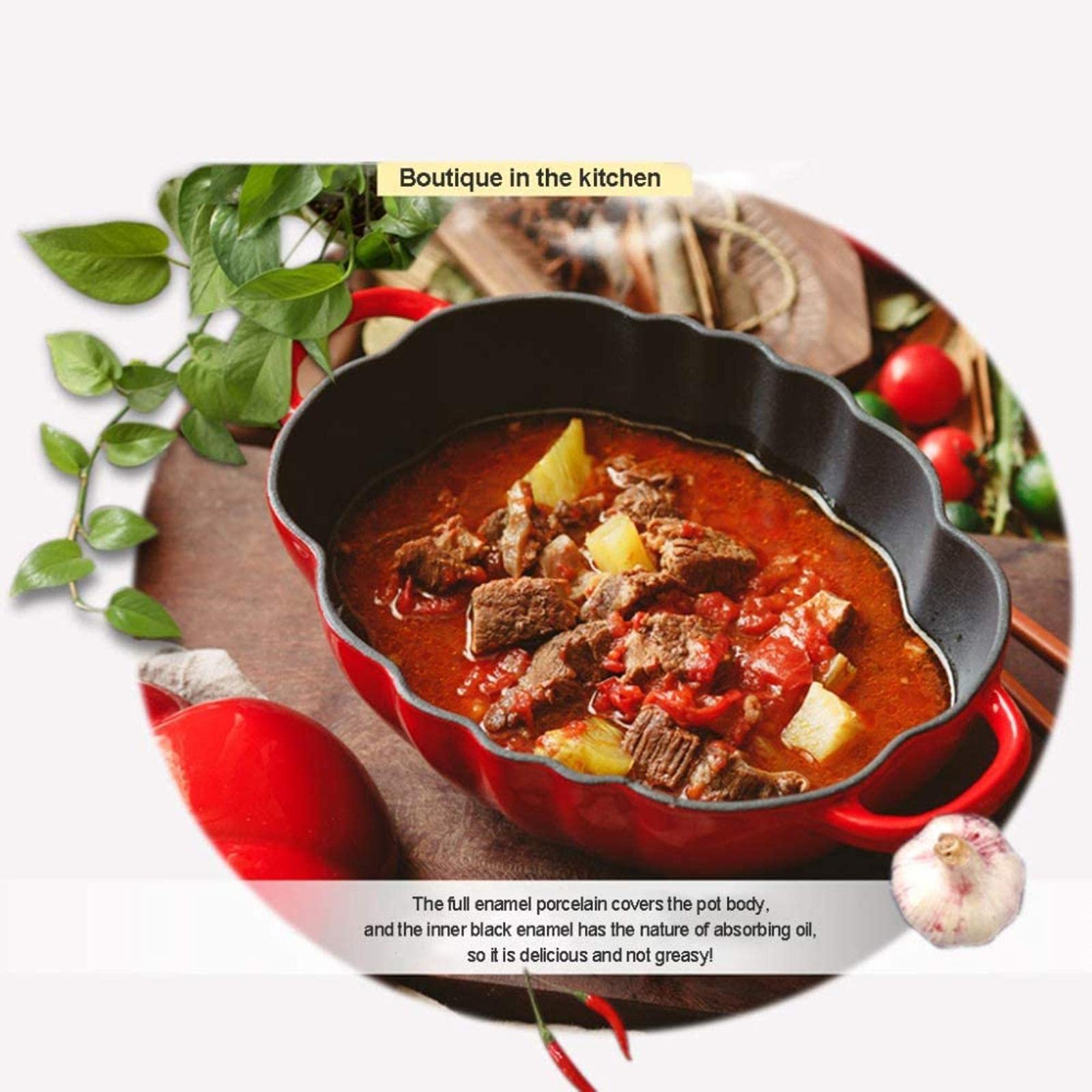 Olla de Esmalte de Tomate Cazuela de Hierro Fundido para Horno holandés Olla de Sopa de Fondo Plano Espesada con Tapa, Saludable y Duradera, Adecuada para