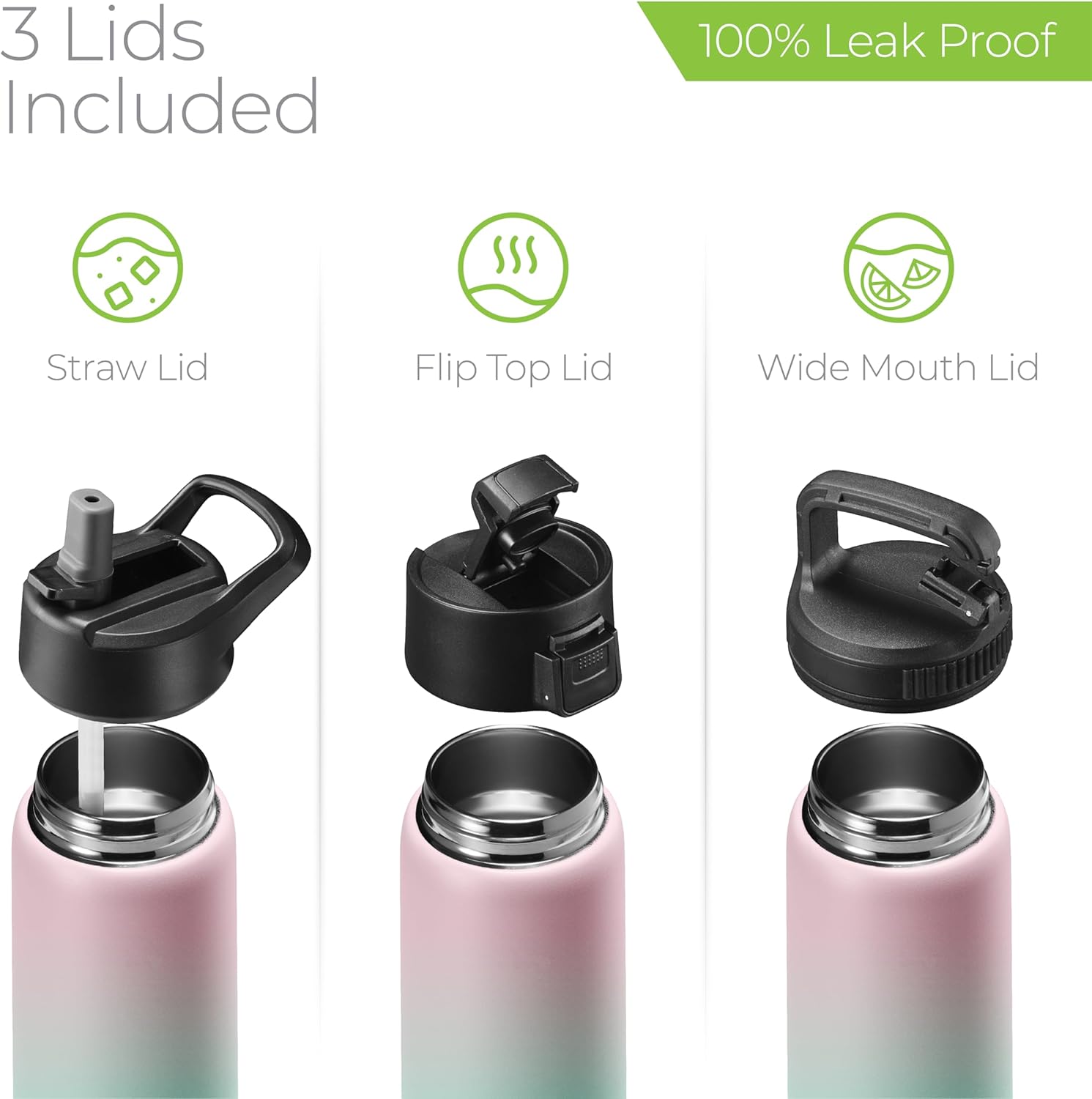 SIPX™ 25 oz Insulated Water Bottle with 3 Lids – Leakproof Stainless Steel, Triple Insulated – Cold 24 Hours/Hot 12 Hours – Durable Bottle for School, Gym, Travel – Gradient Mint Pink - Image 5