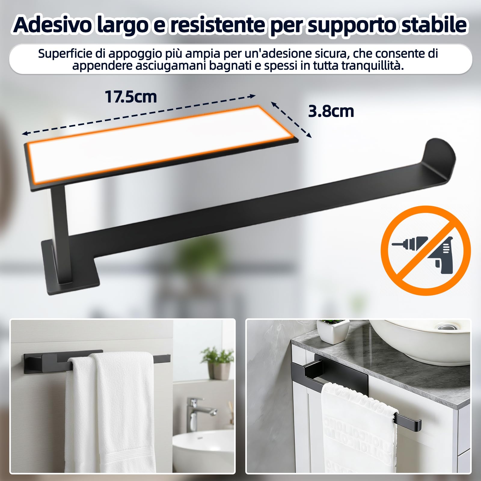 Porta Asciugamani Bagno Nero Opaco Adesivo Senza Fori - Portasciugamani da Parete 33 cm Acciaio Inox 304 Autoadesivo Forte Impermeabile per Bagno e Cucina - silttble
