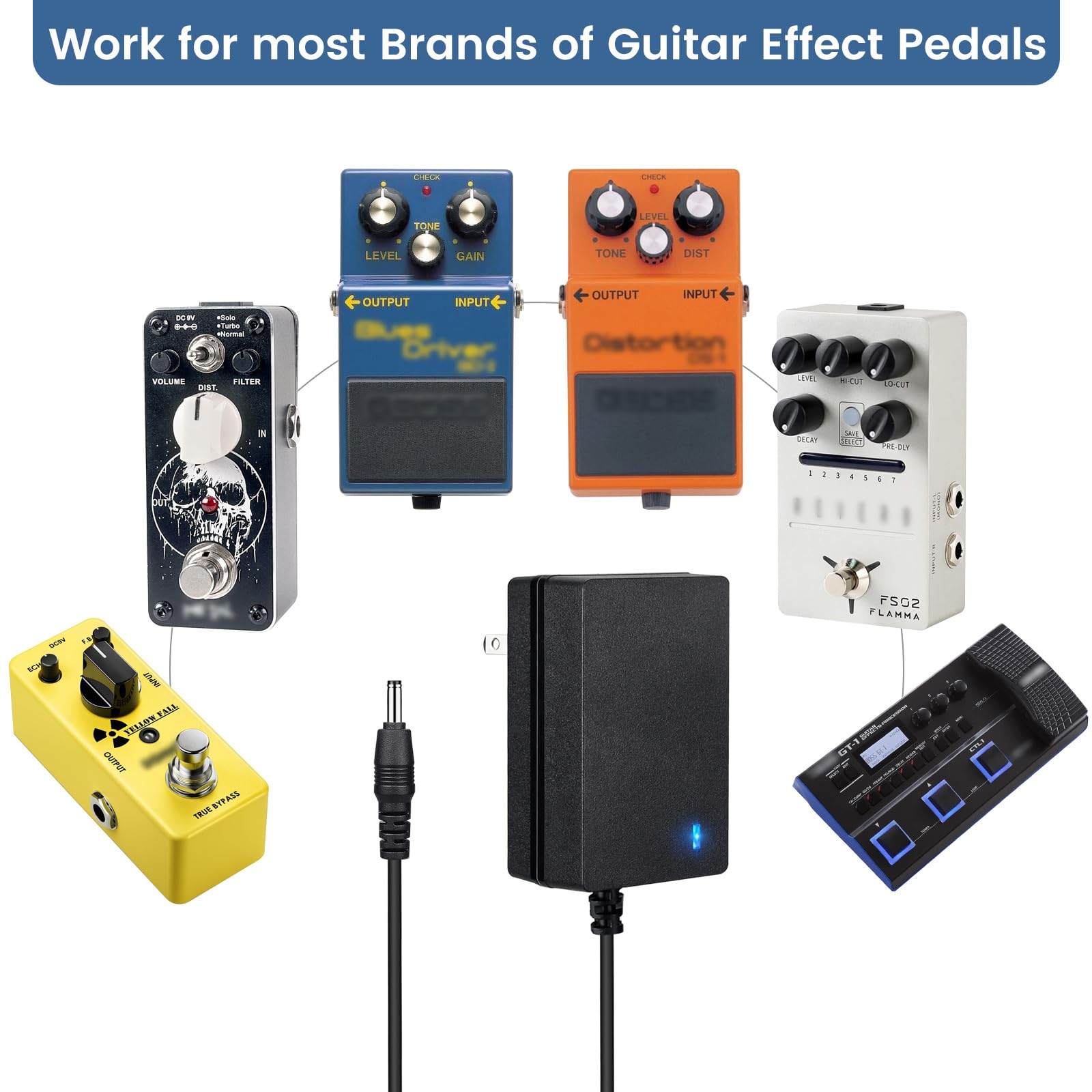 9V Guitar Pedal Power Supply, 10 ft Power Cable for Most Effect Pedals, with Indicator Light
