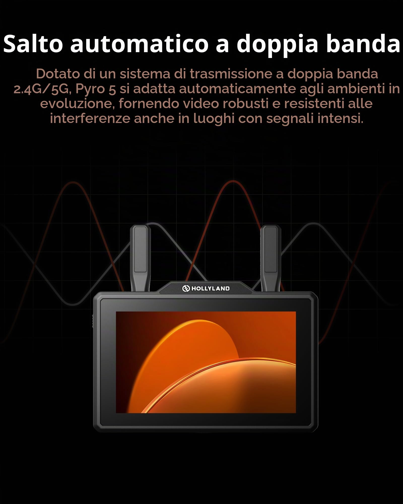Hollyland Pyro 5 Trasmettitore & Ricevitore Video wireless & monitor da campo per telecamera da 5,5 pollici, HDMI e SDI, portata 1300 piedi, latenza 60 ms, salto automatico dual-band