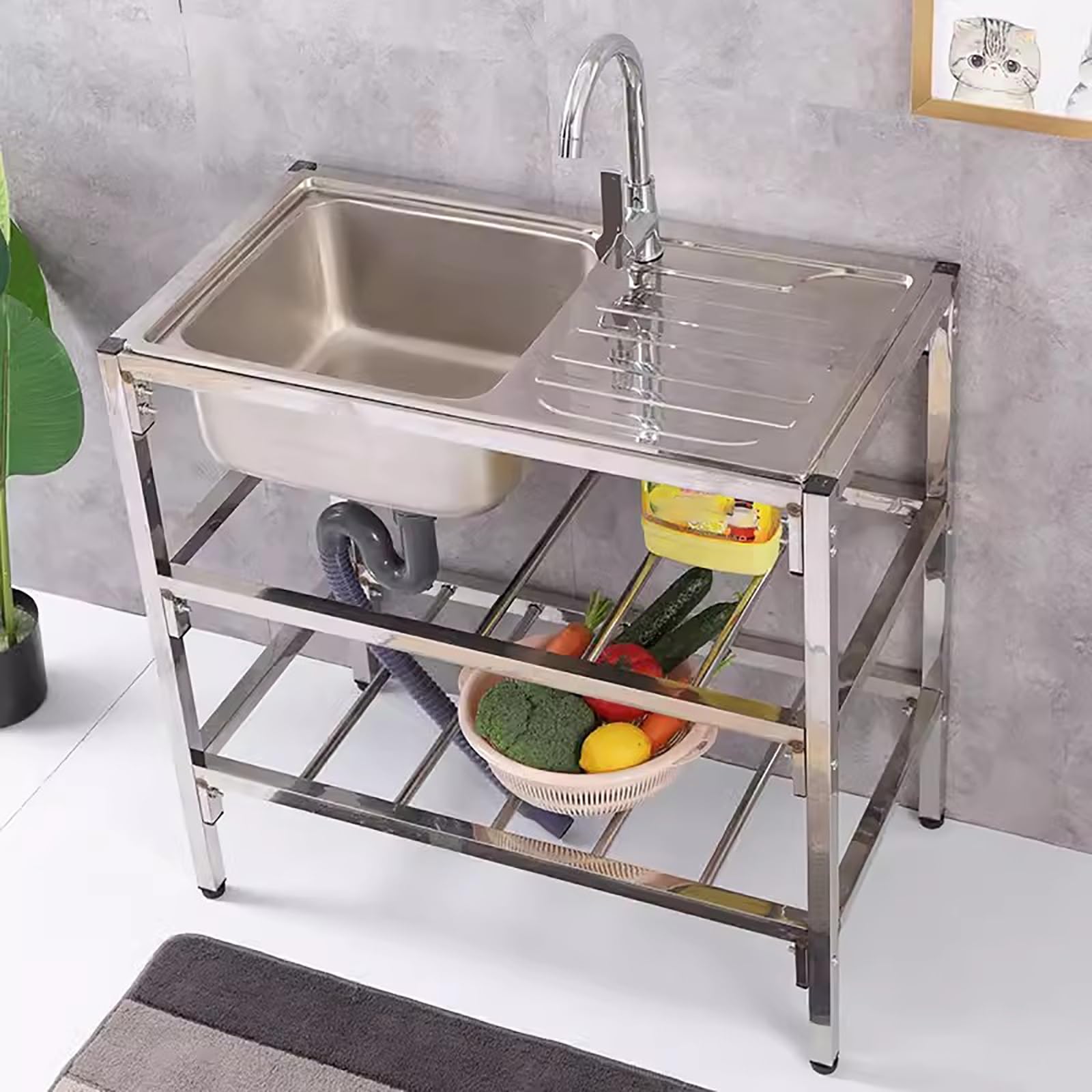 Lavandino da esterno a libera installazione,Inossidabile con il Rubinetto Girevole 360°, tavolo da preparazione con console e supporto,Facile da pulire,per Garage, Cucina. (Size : Double layer)
