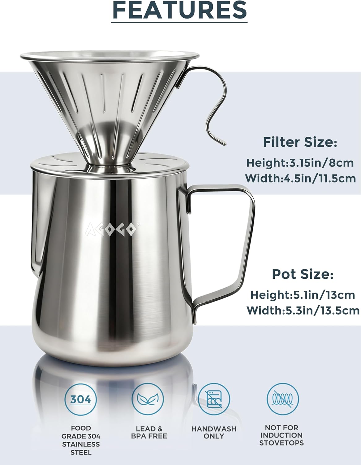AGOGO Portable Pour Over Coffee Maker V60 Set - Easy Cleaning Compact 304 Stainless Steel Dripper for Camping & 50 Filters Paper & Barista Towel Silvery 30oz/900ml