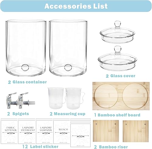 Miniatura 5 de Dispensador de detergente para ropa de vidrio, paquete de 2 dispensadores de suavizante de tela de jabón con soporte de bambú, etiqueta de espigas