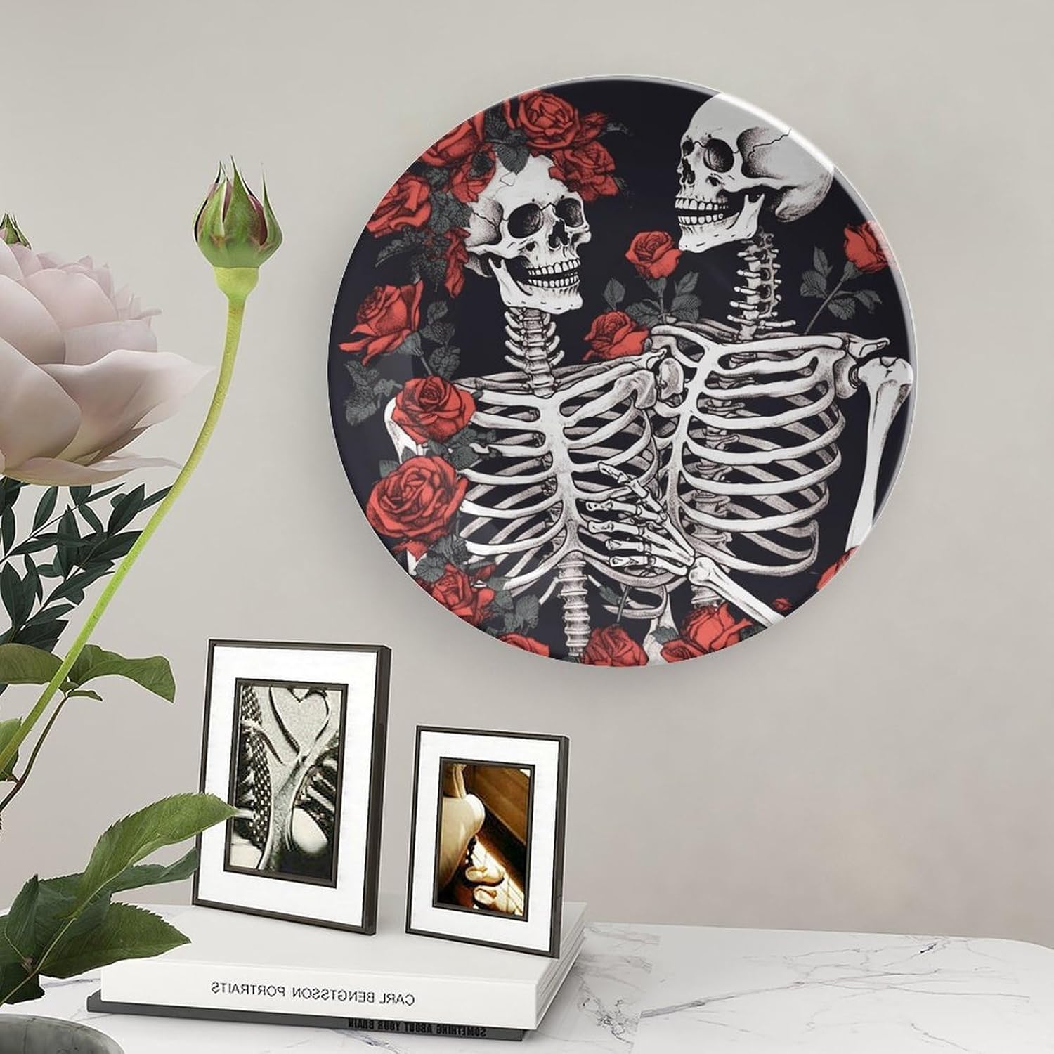 Rose And Skeleton Bone China Decorative Plate with Display Stand, Ceramic Ornaments Plate for Wall Hanging, Personalized Porcelain Plates for Office, Living Room 8inch