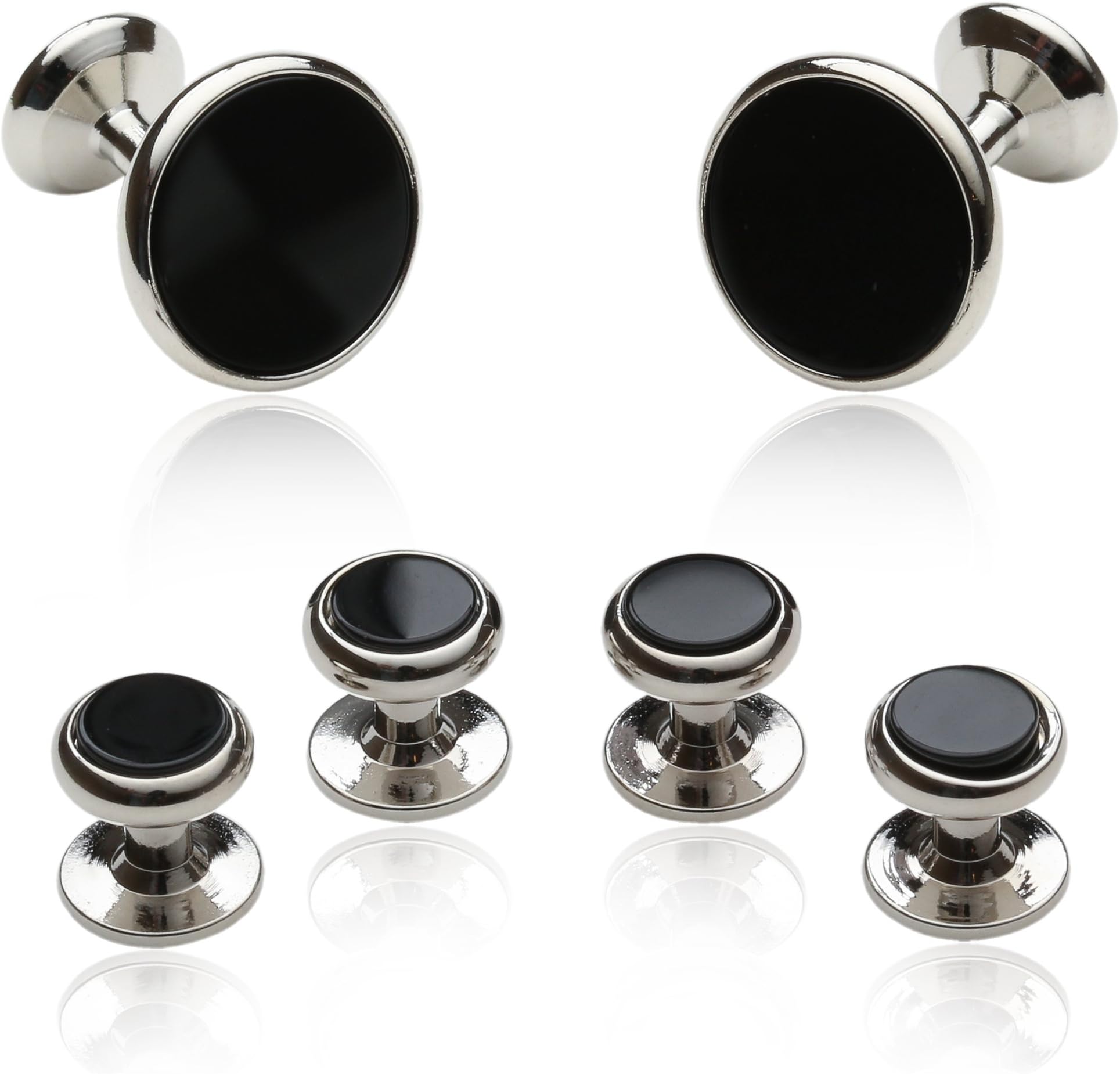 Mens Black Onyx and Silver Cufflinks Studs Tuxedo Formal Set with Presentation Box Groom Groomsmen Wedding