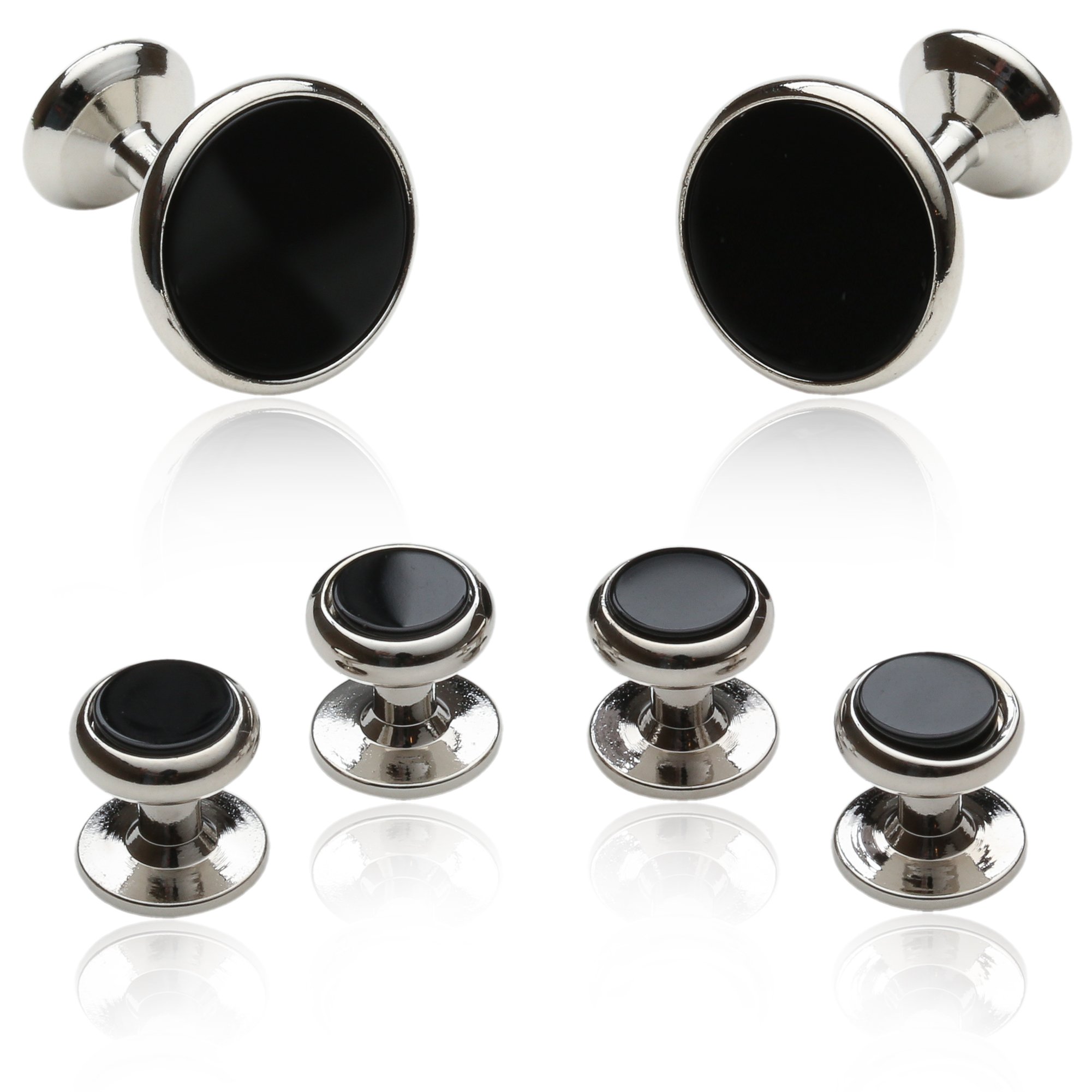 Mens Black Onyx and Silver Cufflinks Studs Tuxedo Formal Set with Presentation Box Groom Groomsmen Wedding