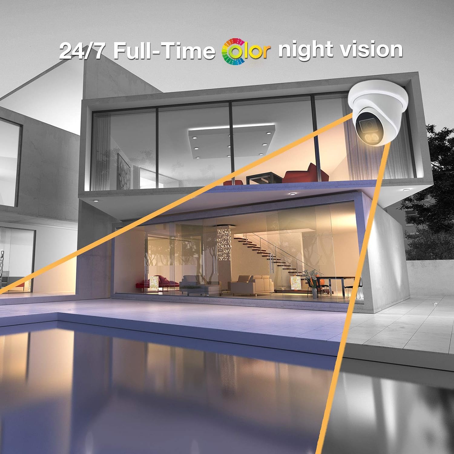 Security camera providing 24/7 full-time color night vision for a modern house
