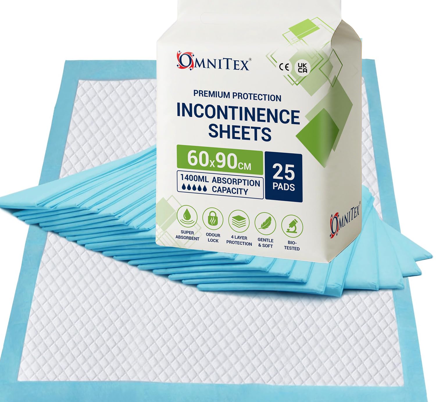 25x Omnitex 1400ml 60x90cm Disposable Bed Pads, Kind to sensitive Skin Incontinence Bed Pad, Mattress Protector Sheets, Dog Pads, Training Pads, Nappy sheets, Bed Wetting Sheet, Baby Changing mat