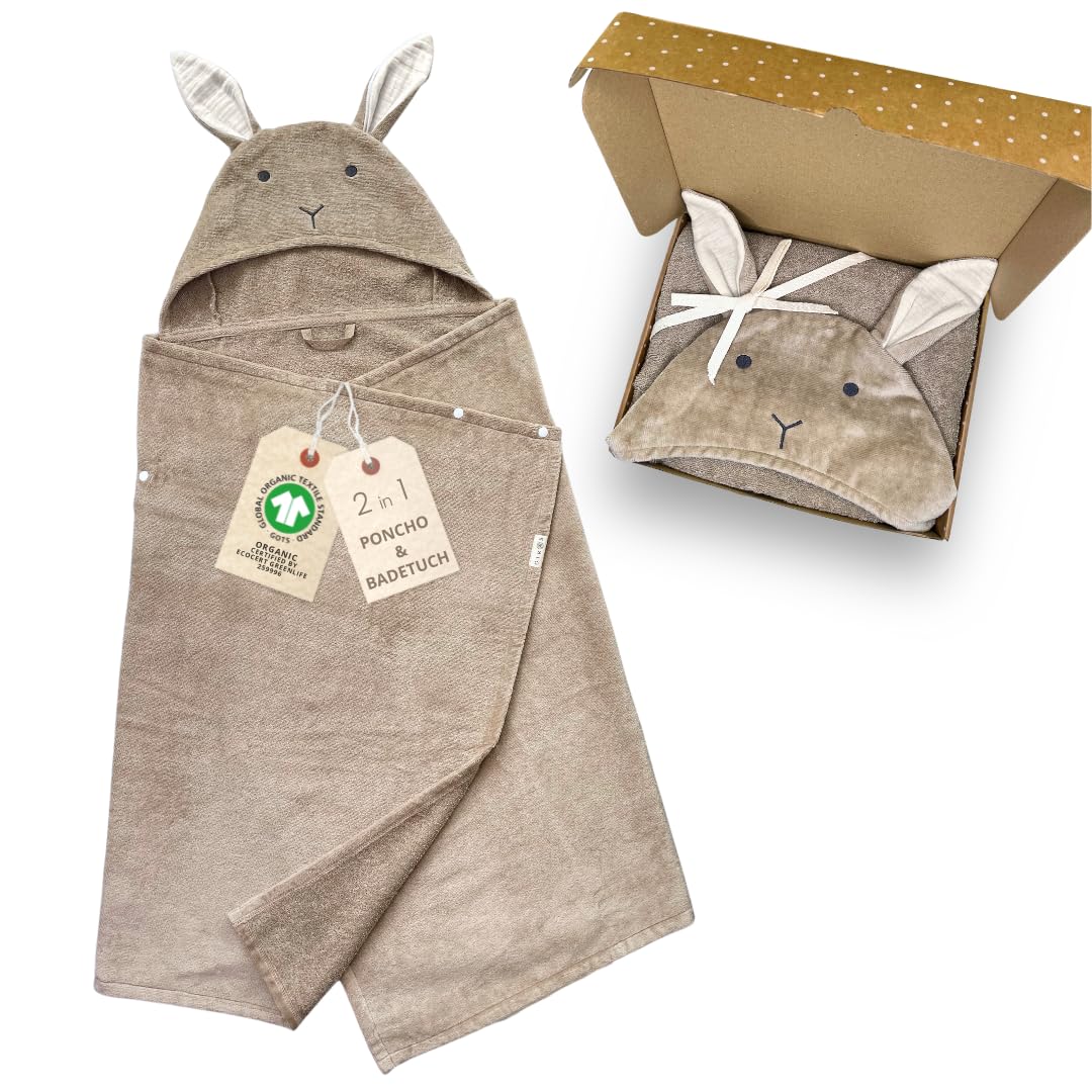 DIKOS 2-in-1 Kapuzenhandtuch & Badeponcho Baby, Kleinkinder & Kinder warmes Taupe 70x140 | Ab Geburt Handtuch, mitwachsendes Badetuch/Poncho mit Druckknöpfen bis 10 J | Bio-Baumwolle Frottee/Velours