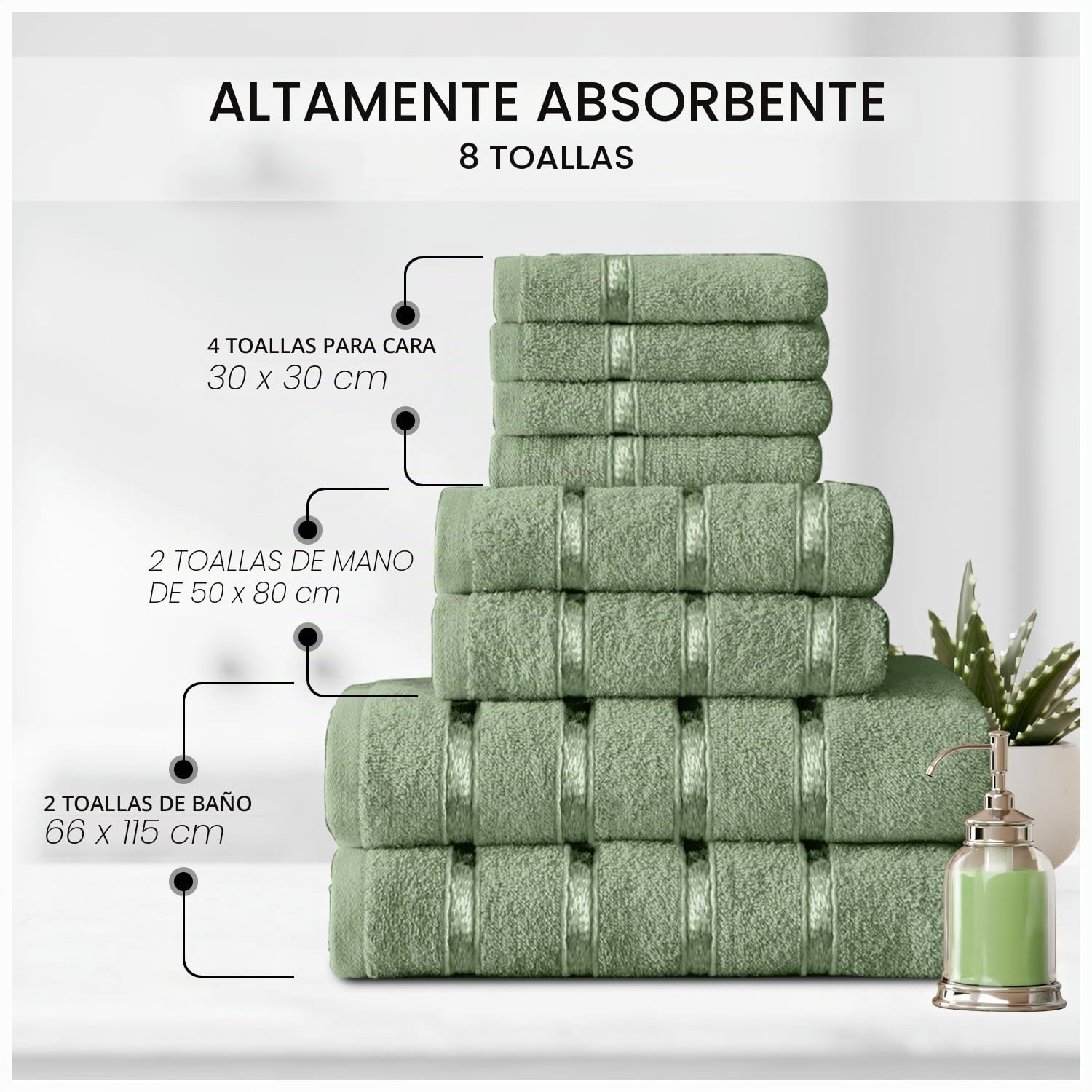 GC GAVENO CAVAILIA Juego de Toallas supersuaves, 8 Toallas de algodón Egipcio, de Secado rápido, Altamente absorbentes, Color Verde Salvia, (4 Toallas de Cara + 2 Toallas de Mano + 2 Toallas de baño)
