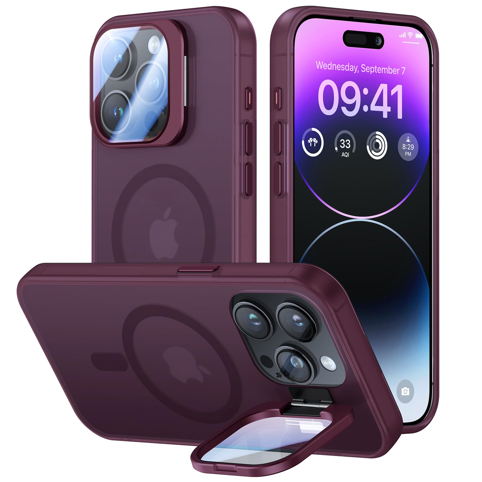 VOFATA for iPhone 15 Pro Case with Camera Cover Stand [Built-in 9H Camera Lens Protector][Fit for Magsafe] Military Grade Shockproof Translucent Matte