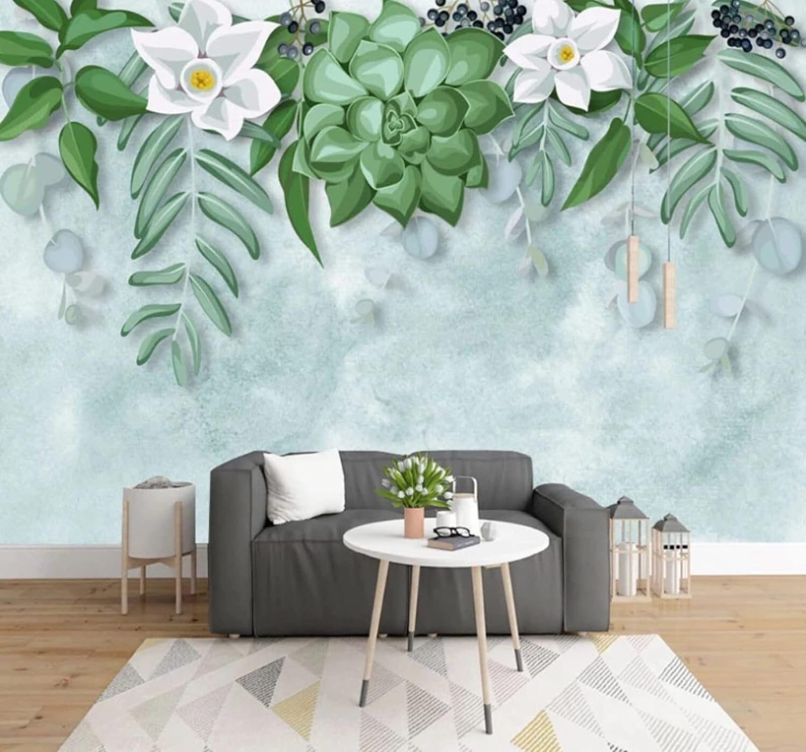 Fresh Hand Painted Watercolour Green Leaves Flowers 3D Wallpaper Easy Install Feature Office Living Room Sofa Bedroom TV Background Wall Decoration-150cm×105cm