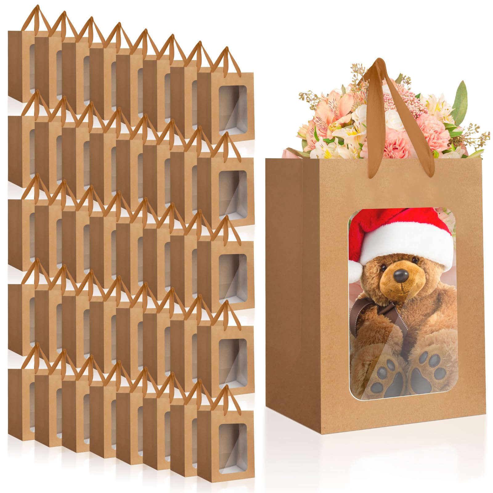 Lincia 50 Pcs Large Kraft Gift Bags with Transparent Window 13.7 x 9.8 x 7'' Shopping Bags with Handles Gift Wrap Bags for Wedding Present Anniversary Festival Party (Brown)