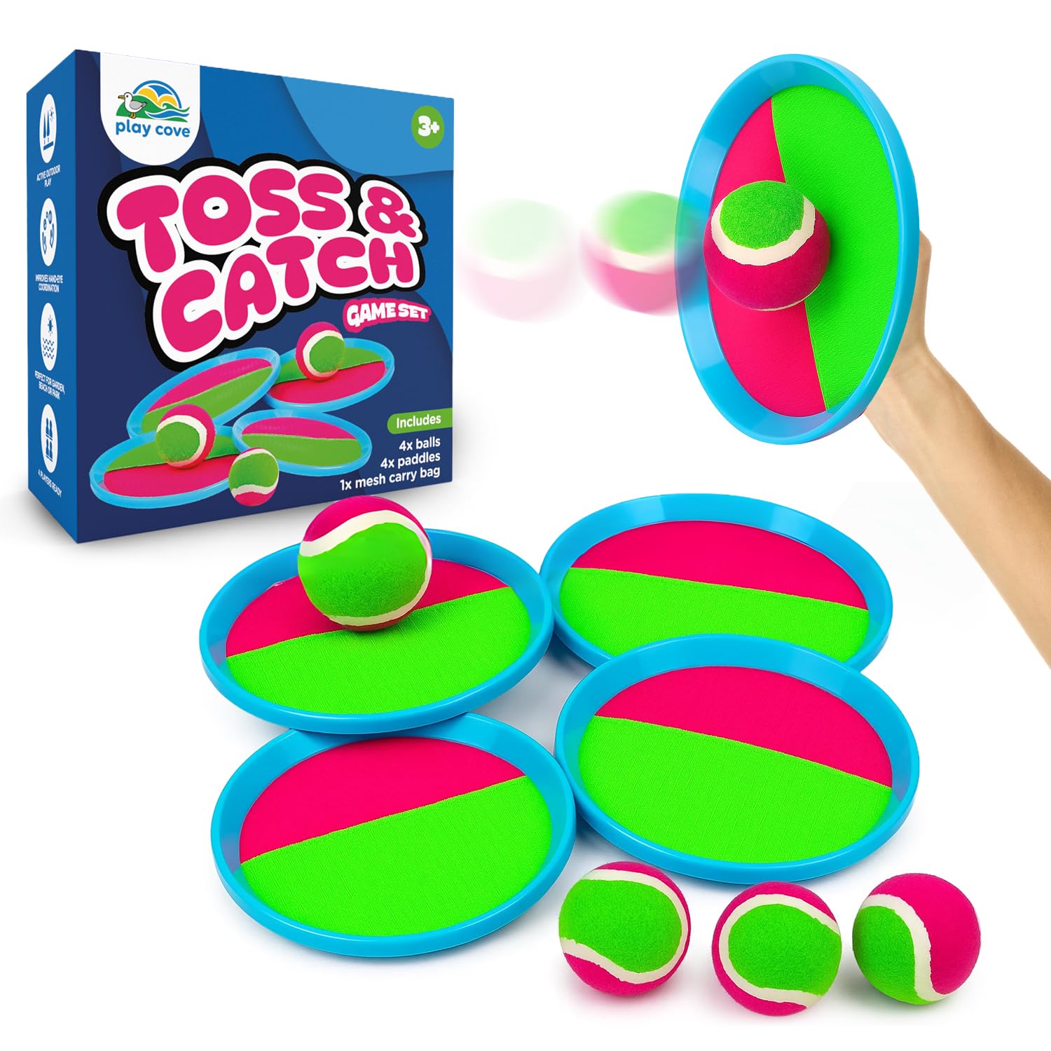 Toss and Catch Ball Set Kids Outdoor Toys for Ages 3+, Sticky Ball Catch Game for Families with 4 Paddle Sets