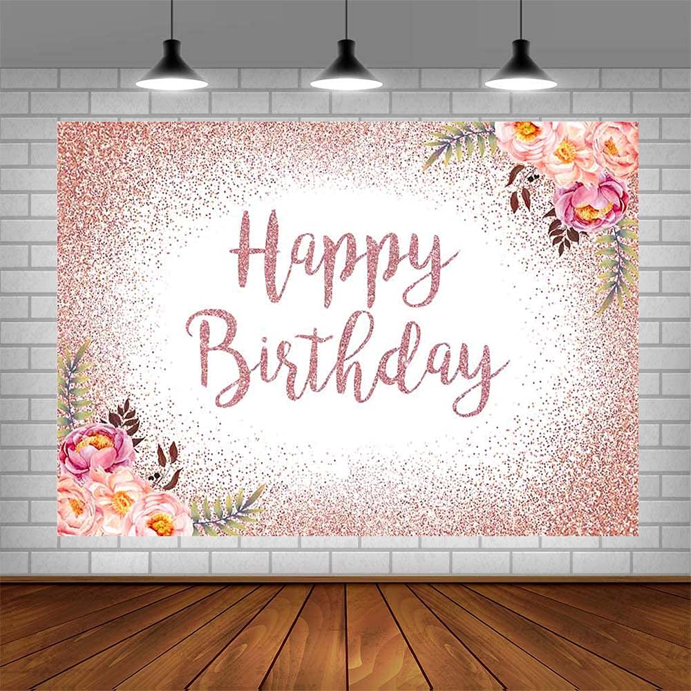 Pink Rose Golden Birthday Party Backdrop Glitter Diamonds Happy Birthday Background Girls Sweet 16 21th Birthday Party Cake Table Decorations 7x5ft