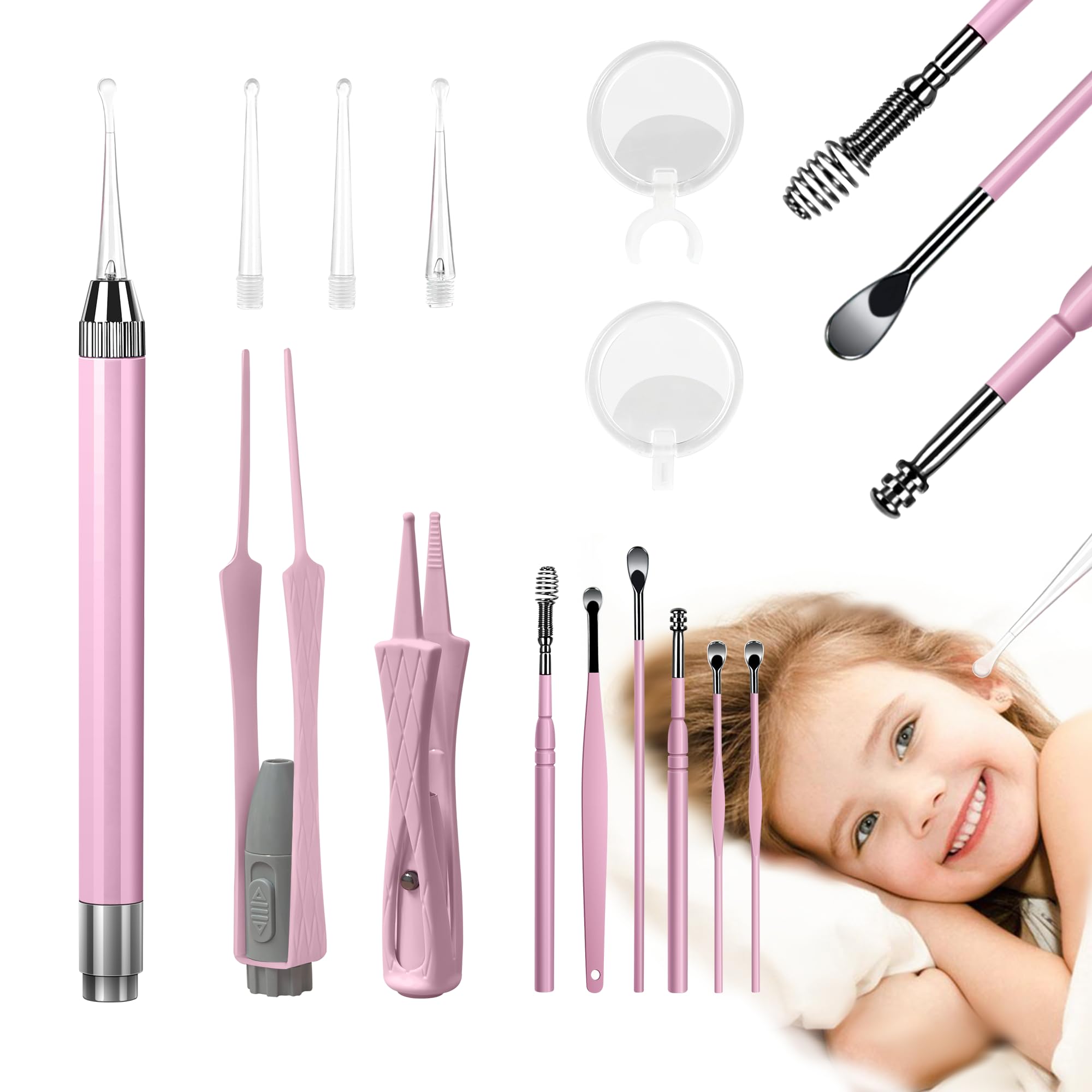 Photo 1 of 15 Pack Ear Wax Removal Tool Kit with Light - LED Ear Cleaning Kit, Ear Wax Removal for Kids and Adults, Ear Cleaning Tool, Ear Picker Spoon & Ear Tweezers & Spiral Spring Ear Spoon Pink