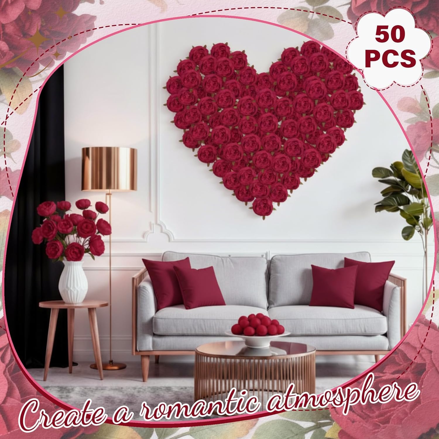 50 Pcs Artificial Peony Flower Bulk 3.5 Inch Silk Peony Flowers Heads with Stems Realistic Fake Roses for DIY Wedding Craft Bridal Bouquets Table Centerpieces Vase Home Decor (Burgundy) - Image 5