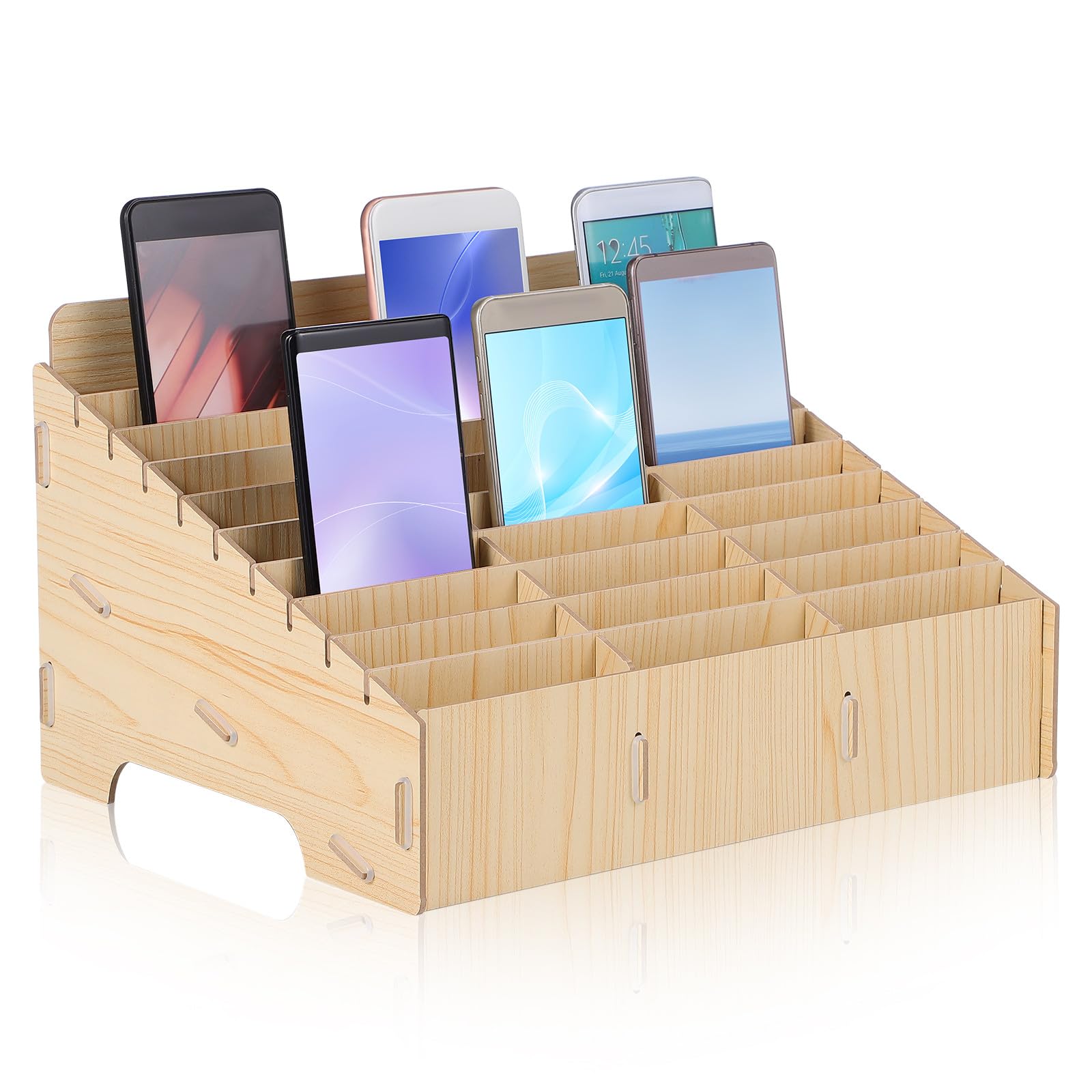 UKCOCO Wooden Mobile Phone Storage Box: 30 Grids Wooden Cell Phone Holder for Watches Wallets Coins Keys - Desk Organizer for Classroom Meeting Room Office Desktop Storage Case