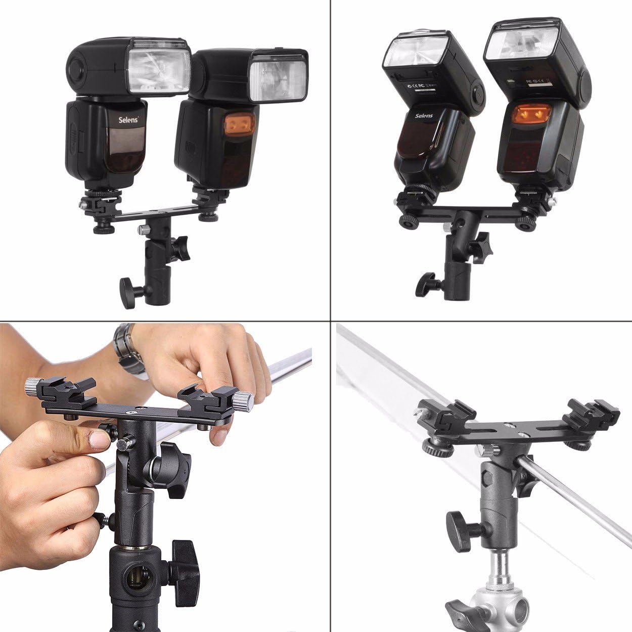 EXMAX E2 調節可能なダブルフラッシュブラケット デュアルホットシュー スピードライトスタンド アンブレラホルダー ライトスタ