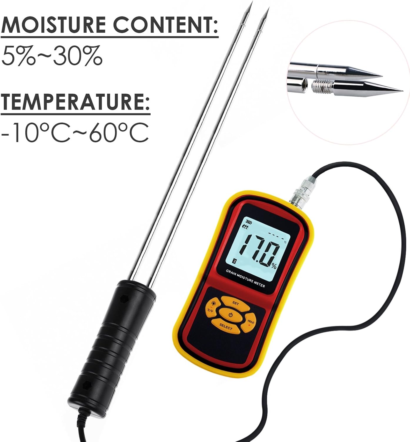 Portable Digital Grain Moisture Meter, Compact High Quality Rice Corn Wheat Tester Analyzer- Range 5~30%, Temperature -14~140°F with LCD Display, Hygrometer Humidity