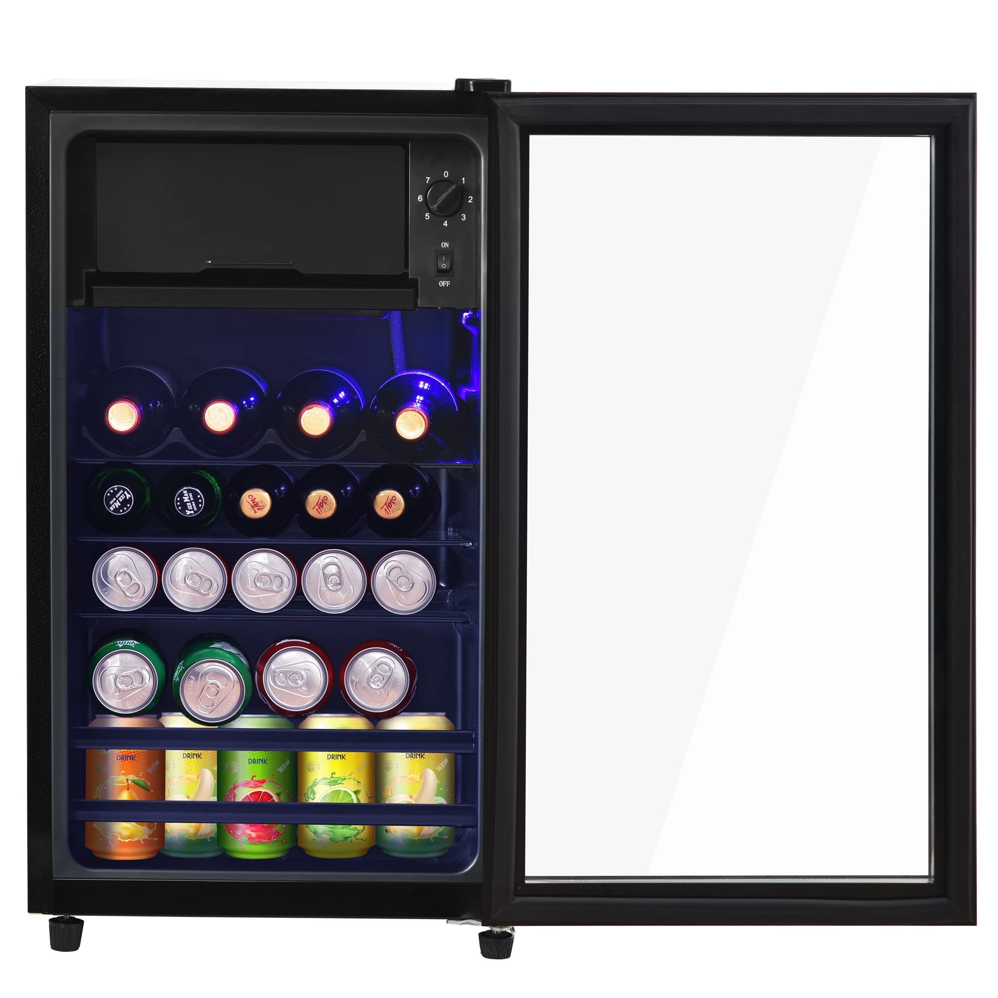 kubeier Mini Nevera Puerta de Cristal, Mini frigorifico, Mini Nevera silenciosa para Oficina Camping al Aire Libre, Nevera de Cerveza 76 litros, estantes Ajustables, iluminación Interior Azul